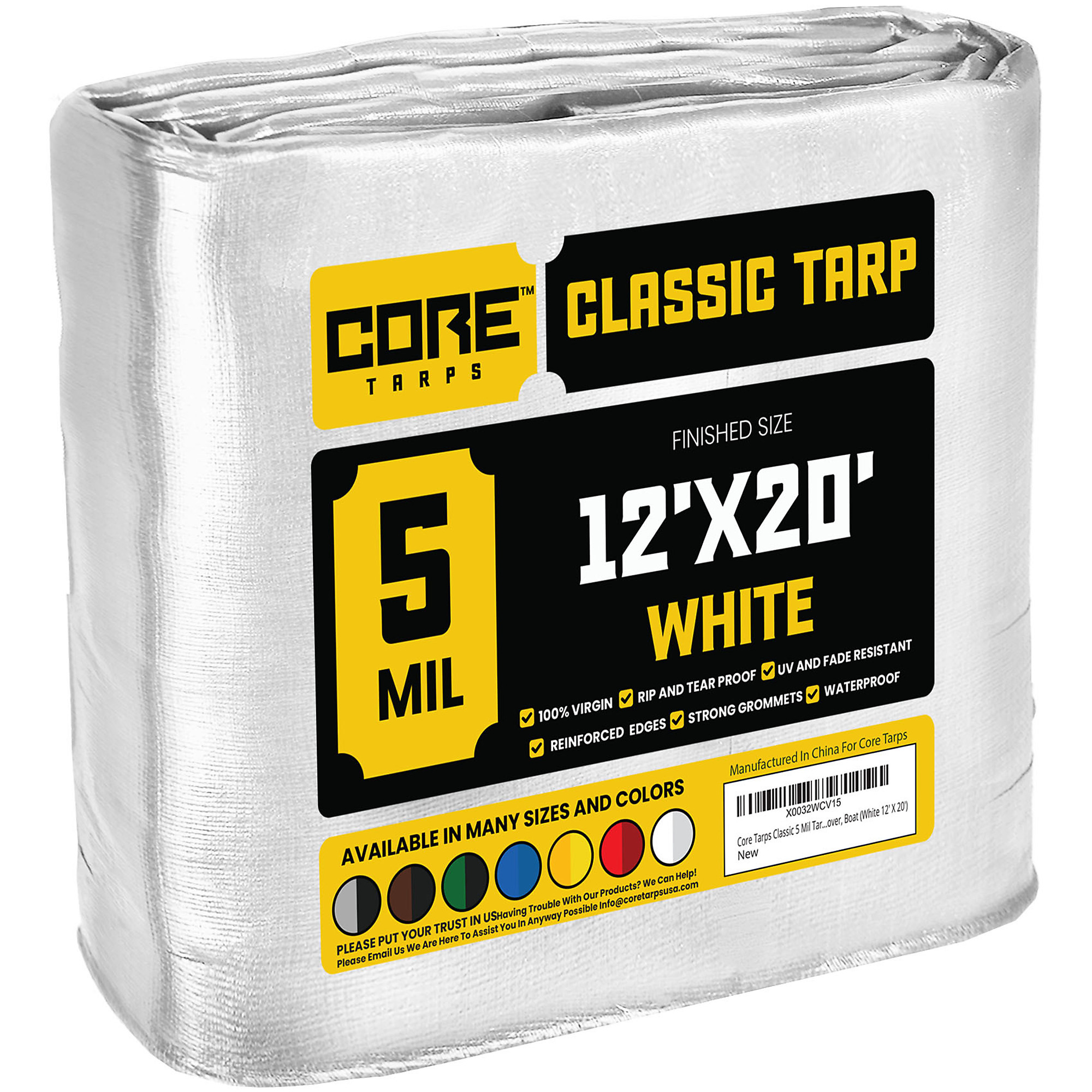 Core Tarps Classic 5 Mil Tarp Cover, Waterproof, UV Resistant, Rip and Tear Proof, Poly Tarpaulin with Reinforced Edges for Roof, Camping, Patio, Pool Cover, Boat (White 12' X 20')