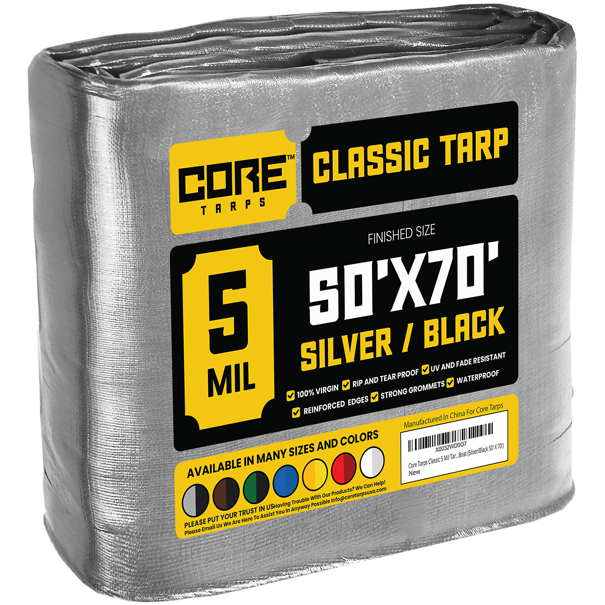 Core Tarps Classic 5 Mil Tarp Cover, Waterproof, UV Resistant, Rip and Tear Proof, Poly Tarpaulin with Reinforced Edges for Roof, Camping, Patio, Pool Cover, Boat (Silver/Black 50' X 70')