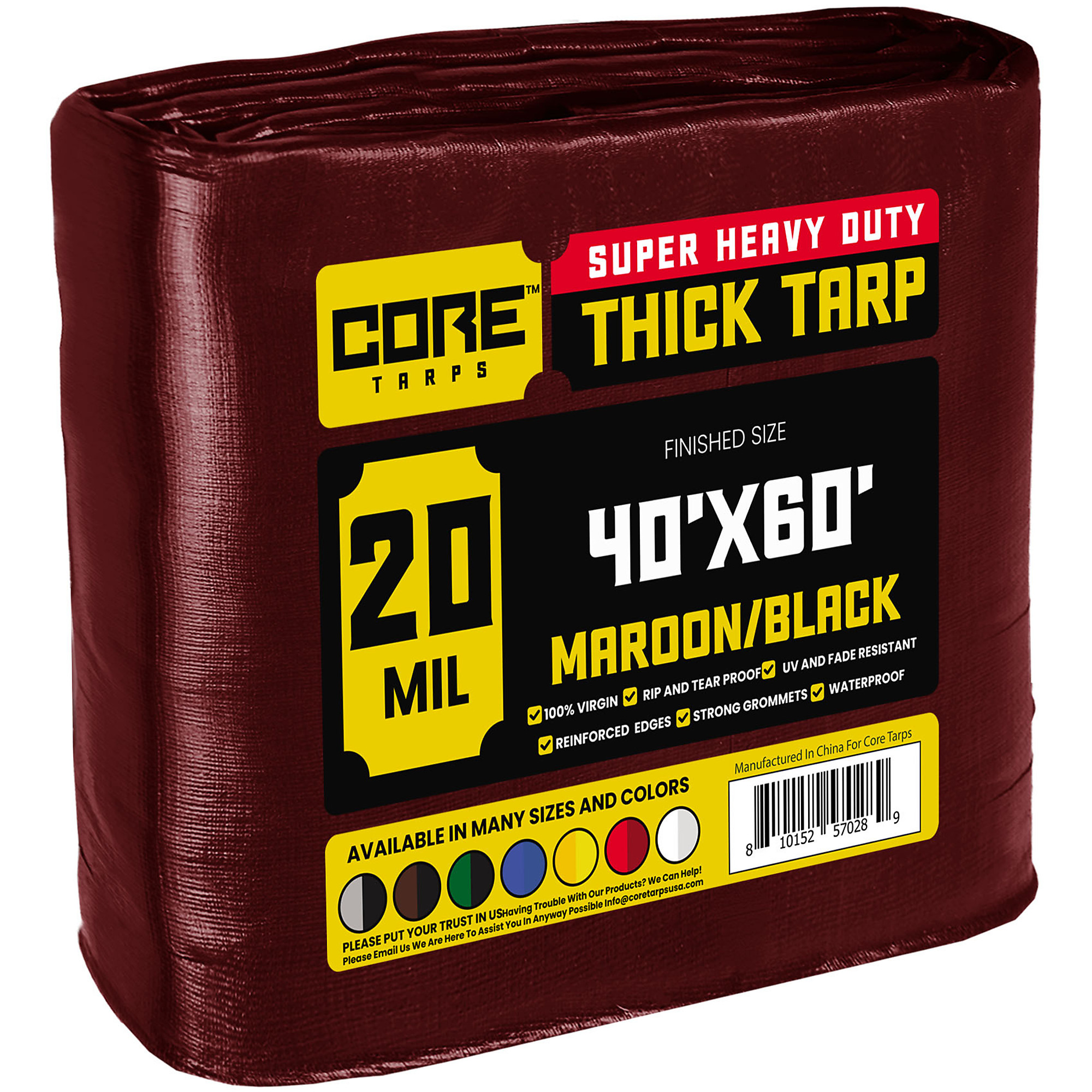 Core Tarps Extreme Heavy Duty 20 Mil Tarp Cover, Waterproof, UV Resistant, Rip and Tear Proof, Poly Tarpaulin with Reinforced Edges for Roof, Camping, Patio, Pool , Boat (Maroon/Black 40' X 60')