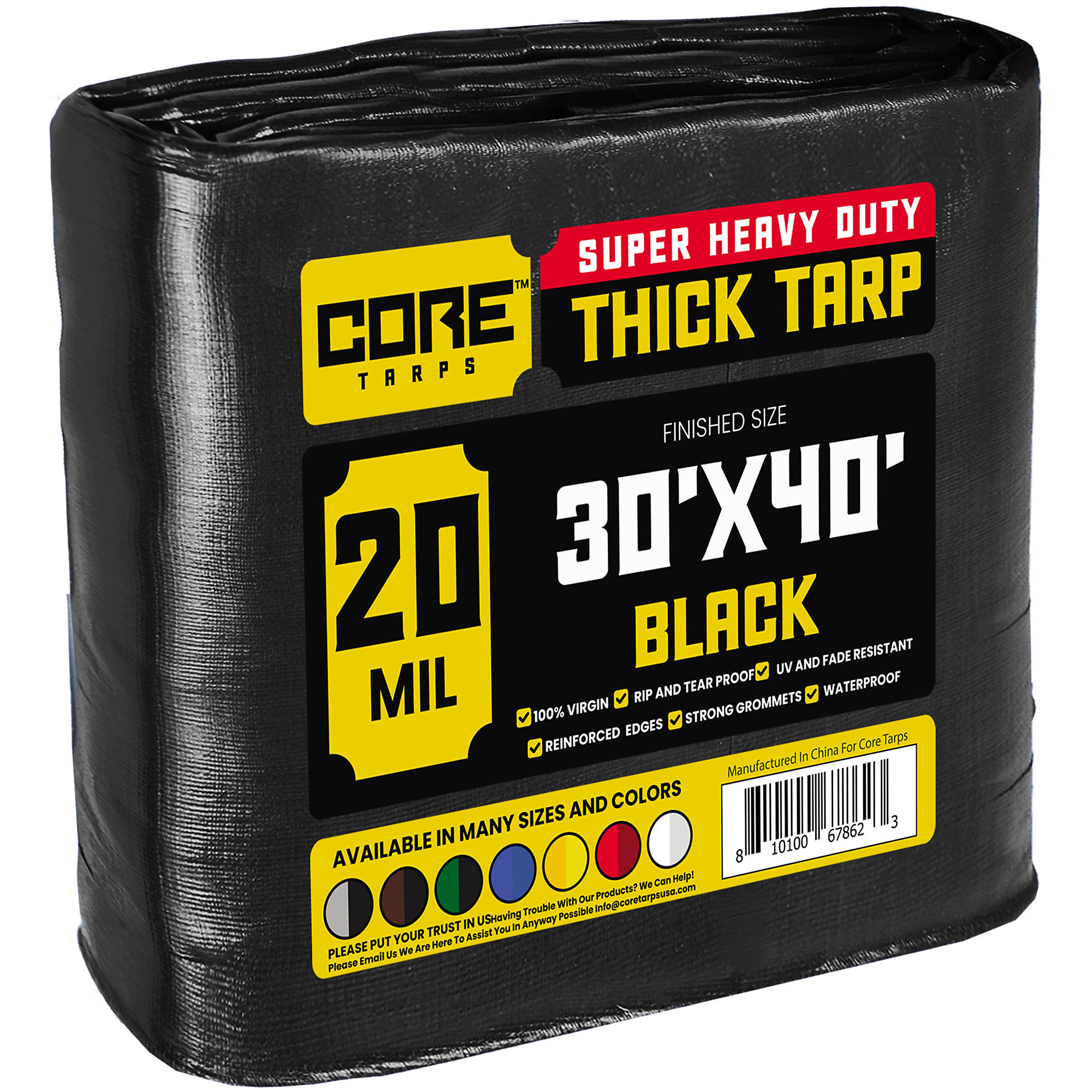 Core Tarps Extreme Heavy Duty 20 Mil Tarp Cover, Waterproof, UV Resistant, Rip and Tear Proof, Poly Tarpaulin with Reinforced Edges for Roof, Camping, Patio, Pool , Boat (Black 30' X 40')