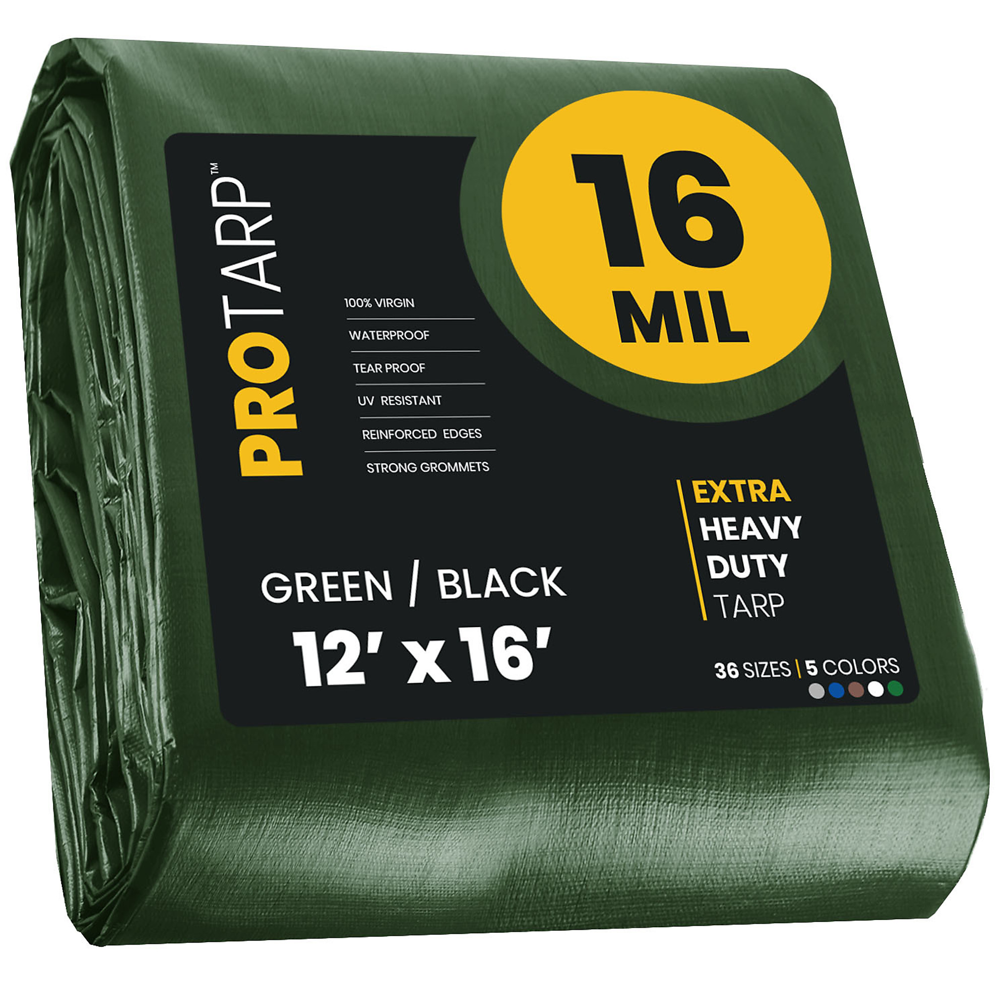PROTARP Extra Heavy Duty 16 Mil Tarp Cover, Waterproof, UV Resistant, Rip and Tear Proof, Poly Tarpaulin with Reinforced Edges for Roof, Camping, Patio, Pool , Boat. (Green/Black 12' X 16')