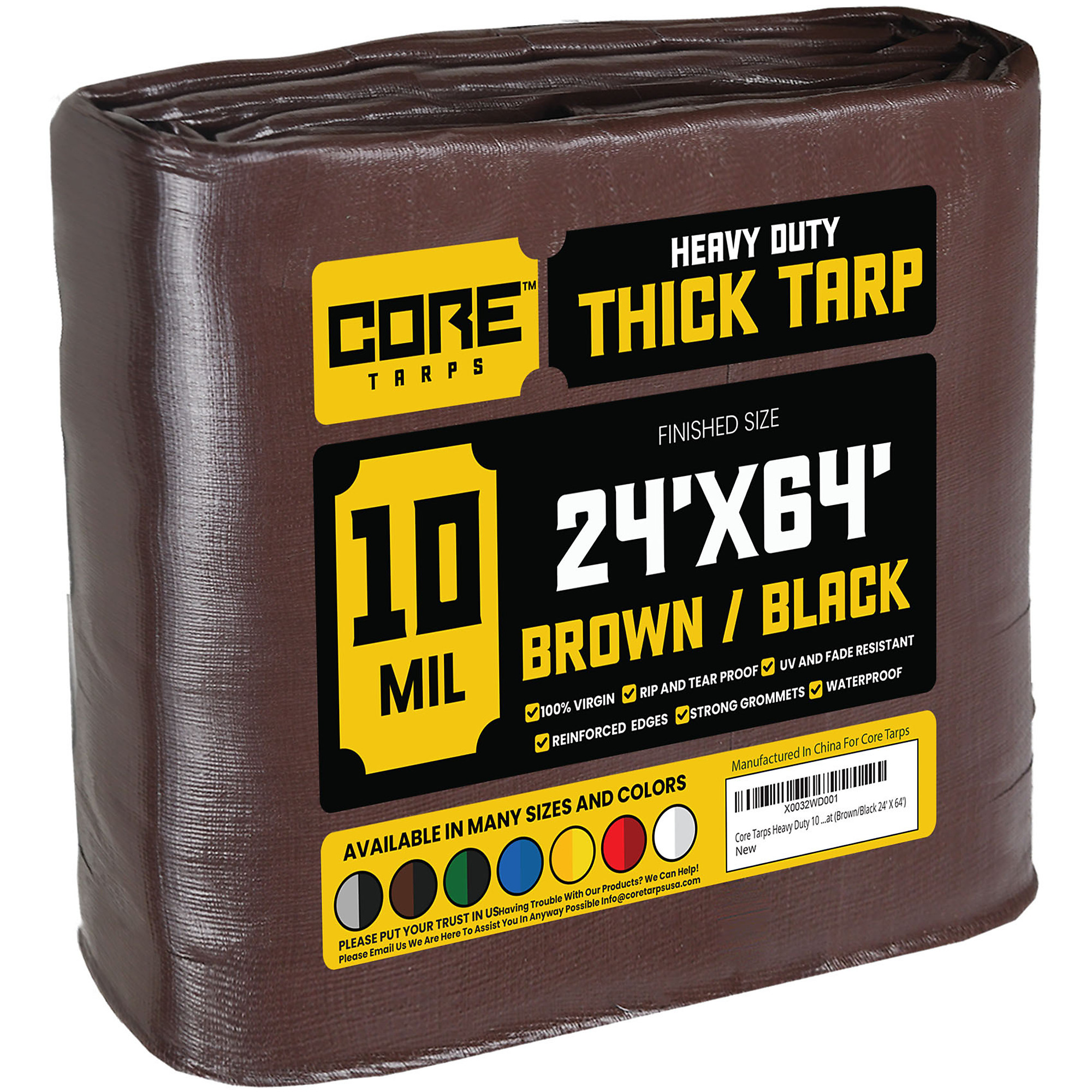 Core Tarps Heavy Duty 10 Mil Tarp Cover, Waterproof, UV Resistant, Rip and Tear Proof, Poly Tarpaulin with Reinforced Edges for Roof, Camping, Patio, Pool , Boat (Brown/Black 24' X 64')
