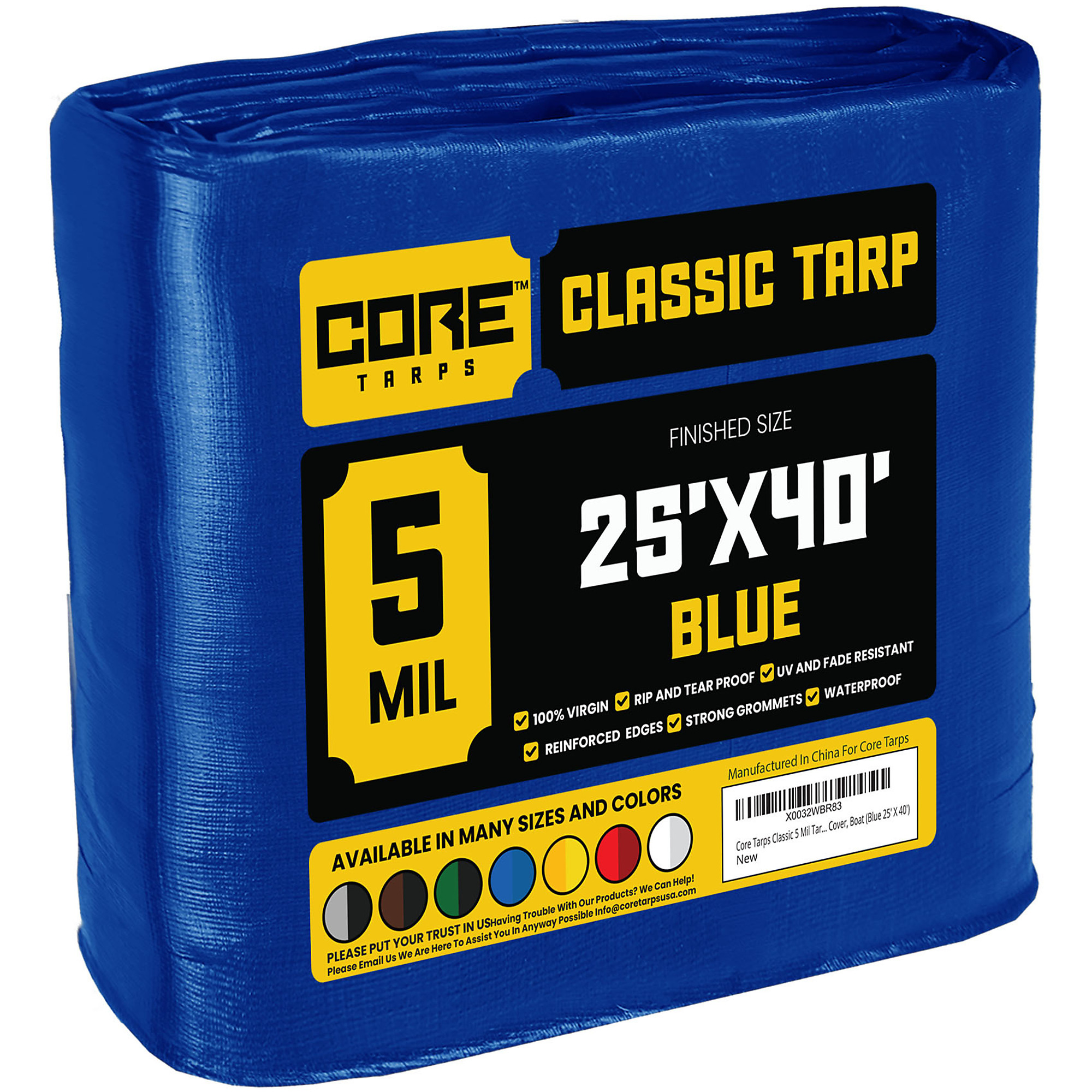 Core Tarps Classic 5 Mil Tarp Cover, Waterproof, UV Resistant, Rip and Tear Proof, Poly Tarpaulin with Reinforced Edges for Roof, Camping, Patio, Pool Cover, Boat (Blue 25' X 40')