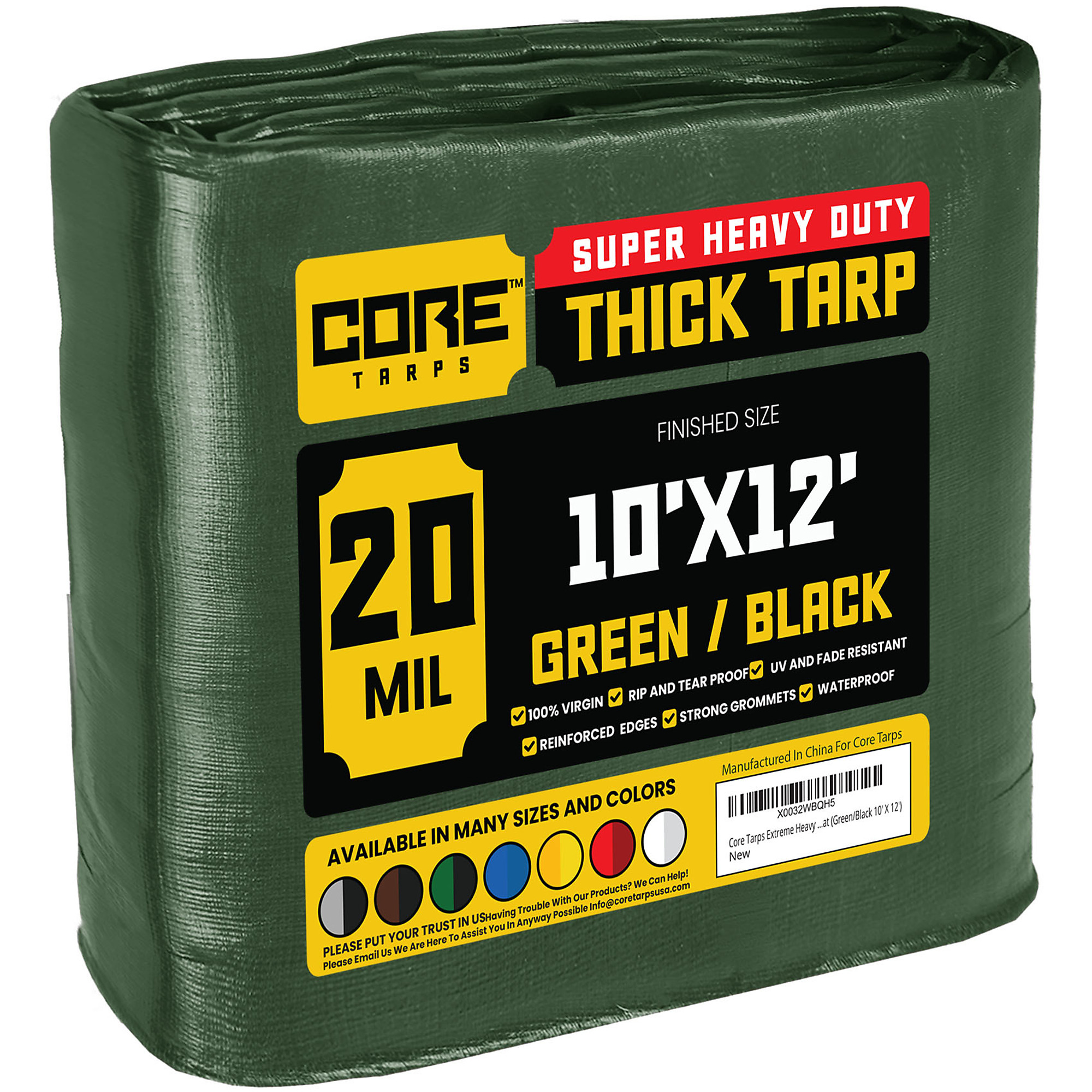 Core Tarps Extreme Heavy Duty 20 Mil Tarp Cover, Waterproof, UV Resistant, Rip and Tear Proof, Poly Tarpaulin with Reinforced Edges for Roof, Camping, Patio, Pool , Boat (Green/Black 10' X 12')