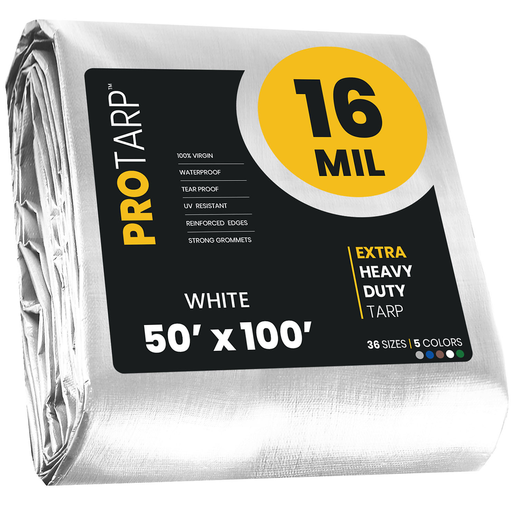 Protarp Extra Heavy-Duty Tarp Cover — 16 Mil, 50ft. x 100ft., Waterproof, UV Resistant, Rip and Tear Proof, Reinforced Edges, White, Model# PT-104-50X100