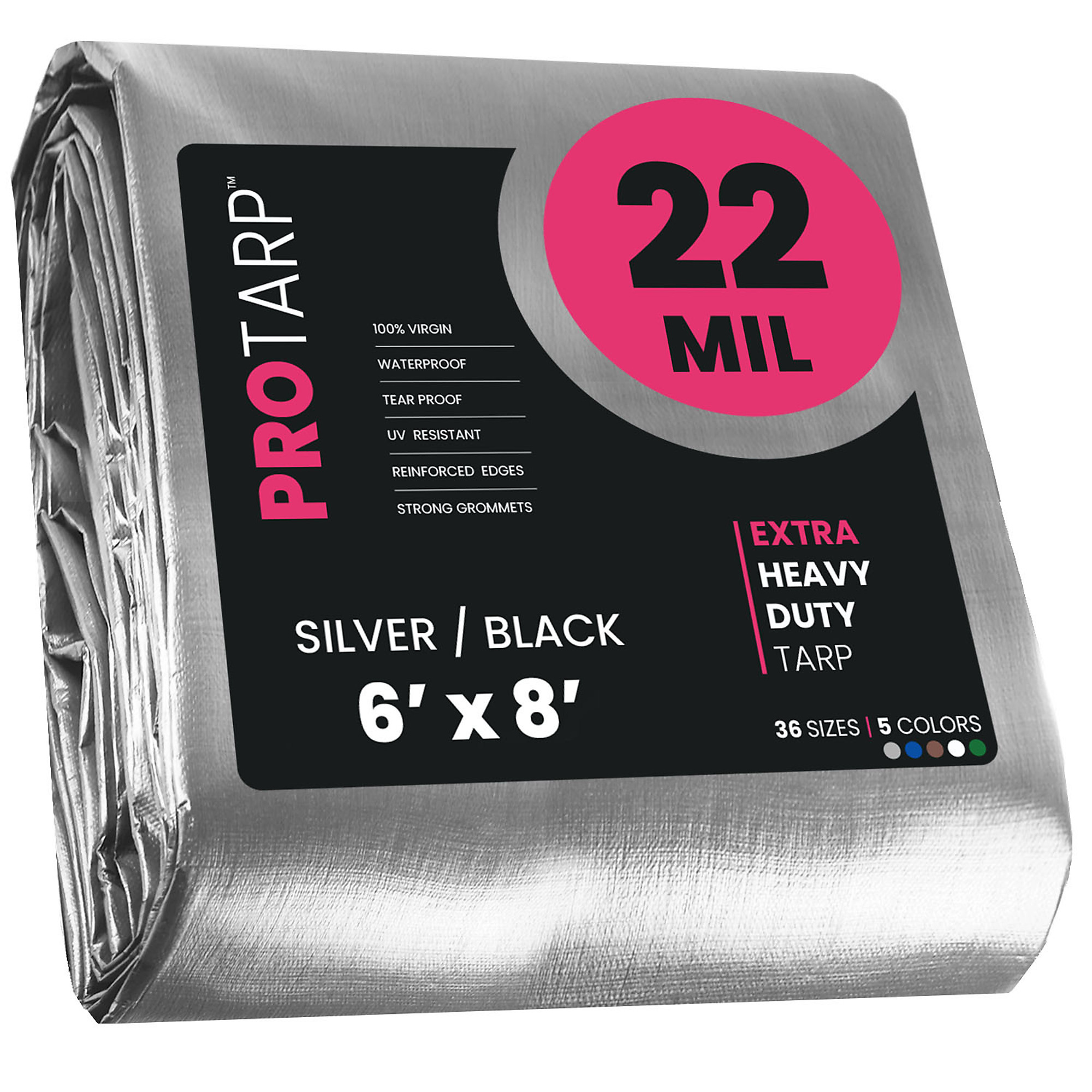 PROTARP Extreme Heavy Duty 22 Mil Tarp Cover, Waterproof, UV Resistant, Rip and Tear Proof, Poly Tarpaulin with Reinforced Edges for Roof, Camping, Patio, Pool , Boat. (Silver/Black 6' X 8' )
