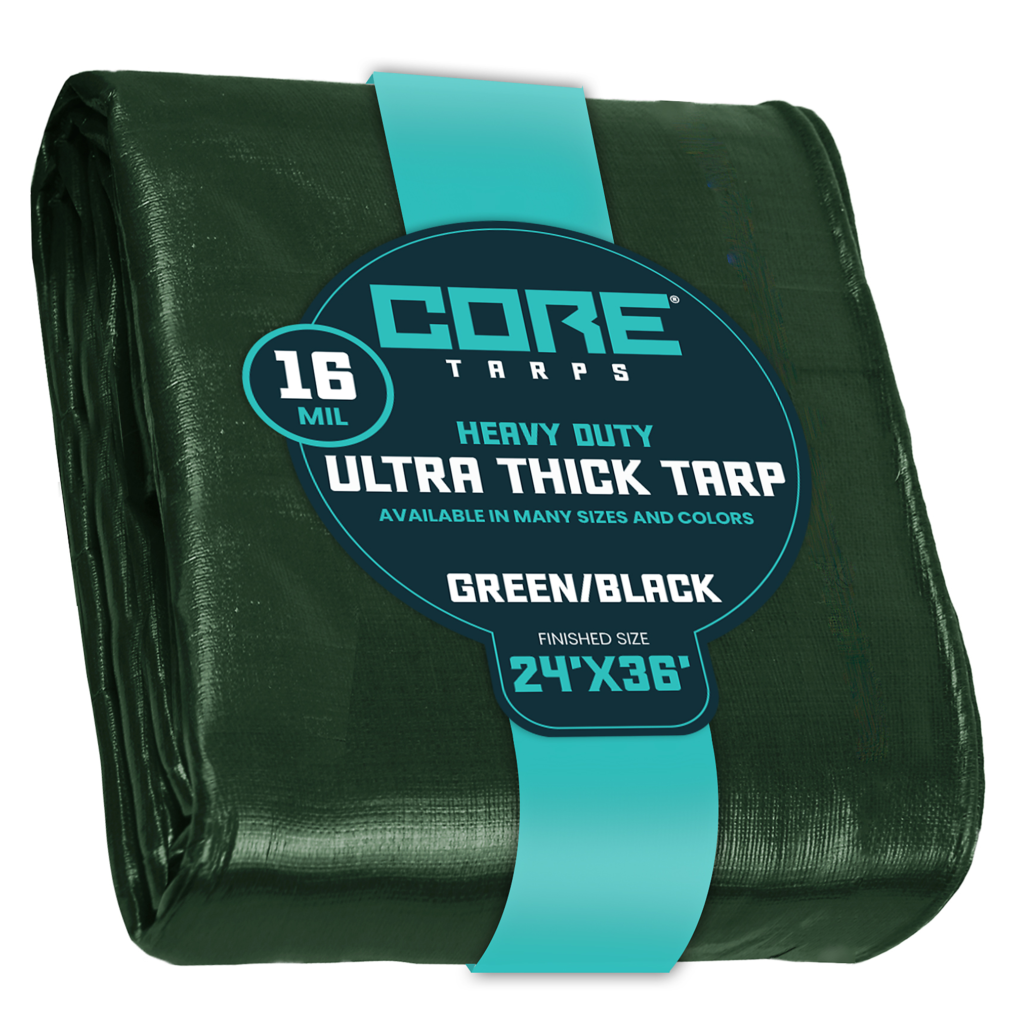 Core Tarps Extra Heavy Duty 16 Mil Tarp Cover, Waterproof, UV Resistant, Rip and Tear Proof, Poly Tarpaulin with Reinforced Edges for Roof, Camping, Patio, Pool , Boat (Green/Black 24' X 36')
