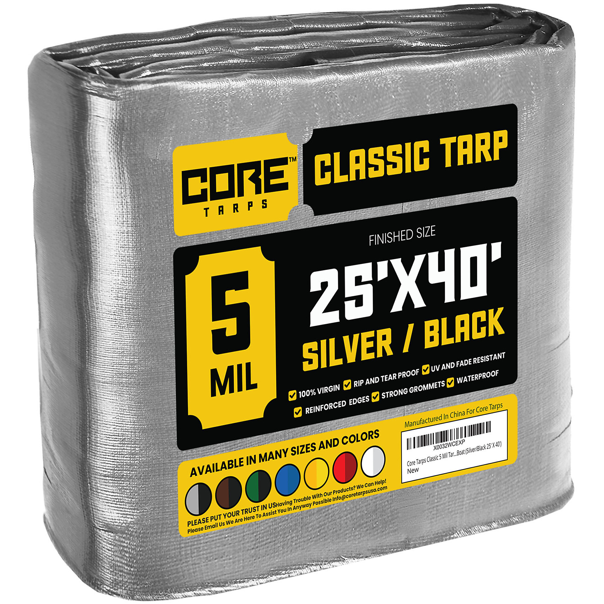 Core Tarps Classic 5 Mil Tarp Cover, Waterproof, UV Resistant, Rip and Tear Proof, Poly Tarpaulin with Reinforced Edges for Roof, Camping, Patio, Pool Cover, Boat (Silver/Black 25' X 40')
