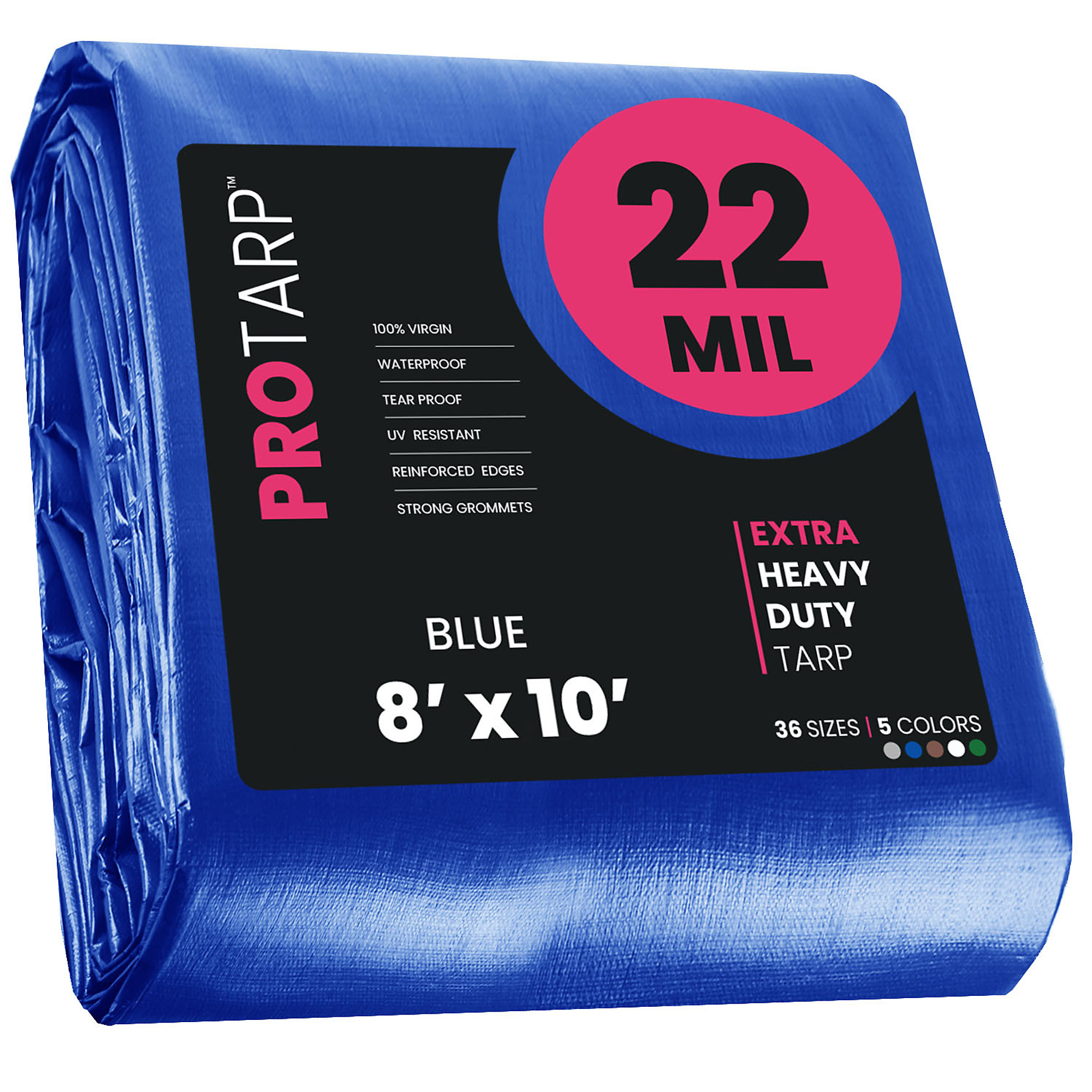 Protarp Extreme Heavy-Duty Tarp Cover — 22 Mil, 8ft. x 10ft., Waterproof, UV Resistant, Rip and Tear Proof, Reinforced Edges, Blue, Model# PT-205-8X10