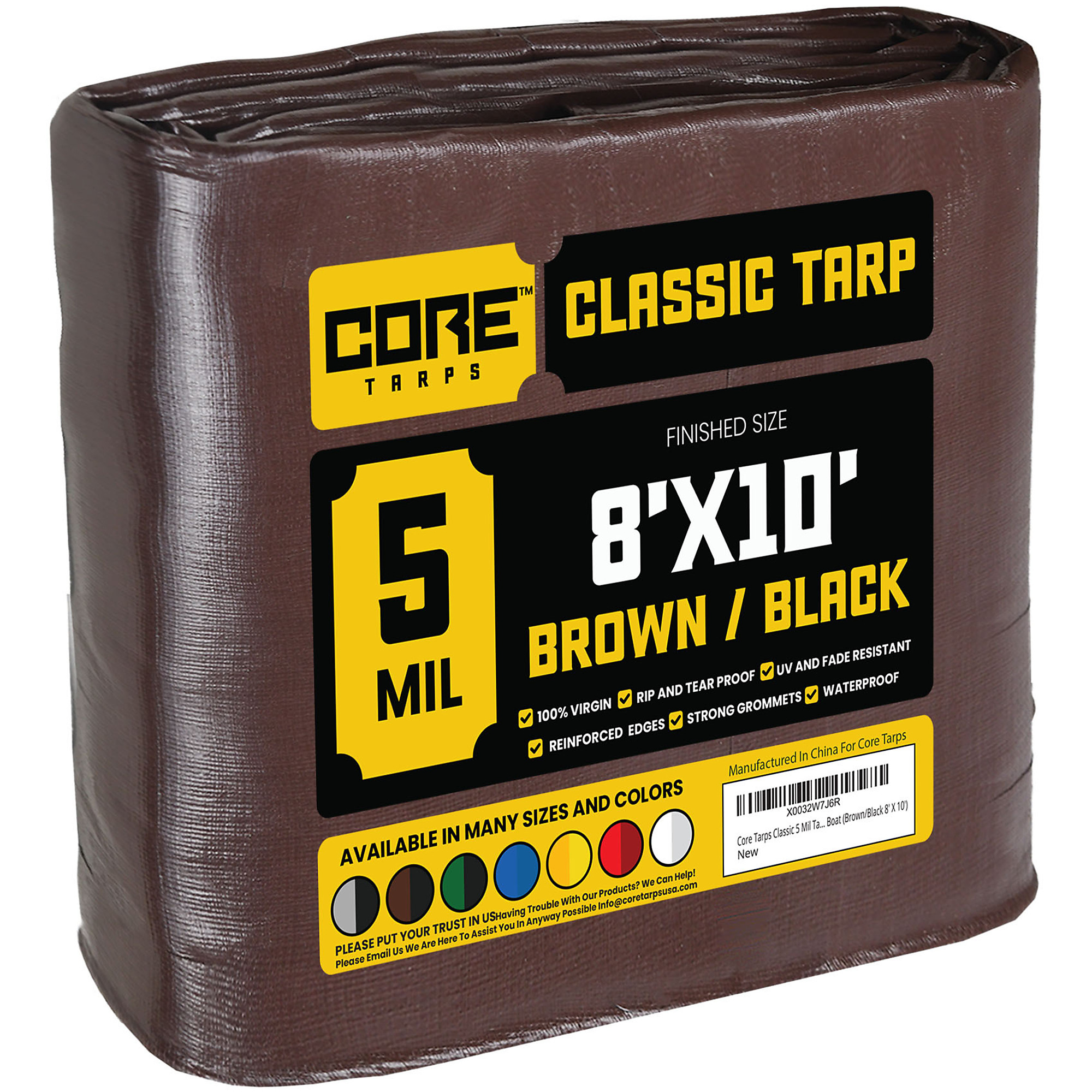 Core Tarps Classic 5 Mil Tarp Cover, Waterproof, UV Resistant, Rip and Tear Proof, Poly Tarpaulin with Reinforced Edges for Roof, Camping, Patio, Pool Cover, Boat (Brown/Black 8' X 10')