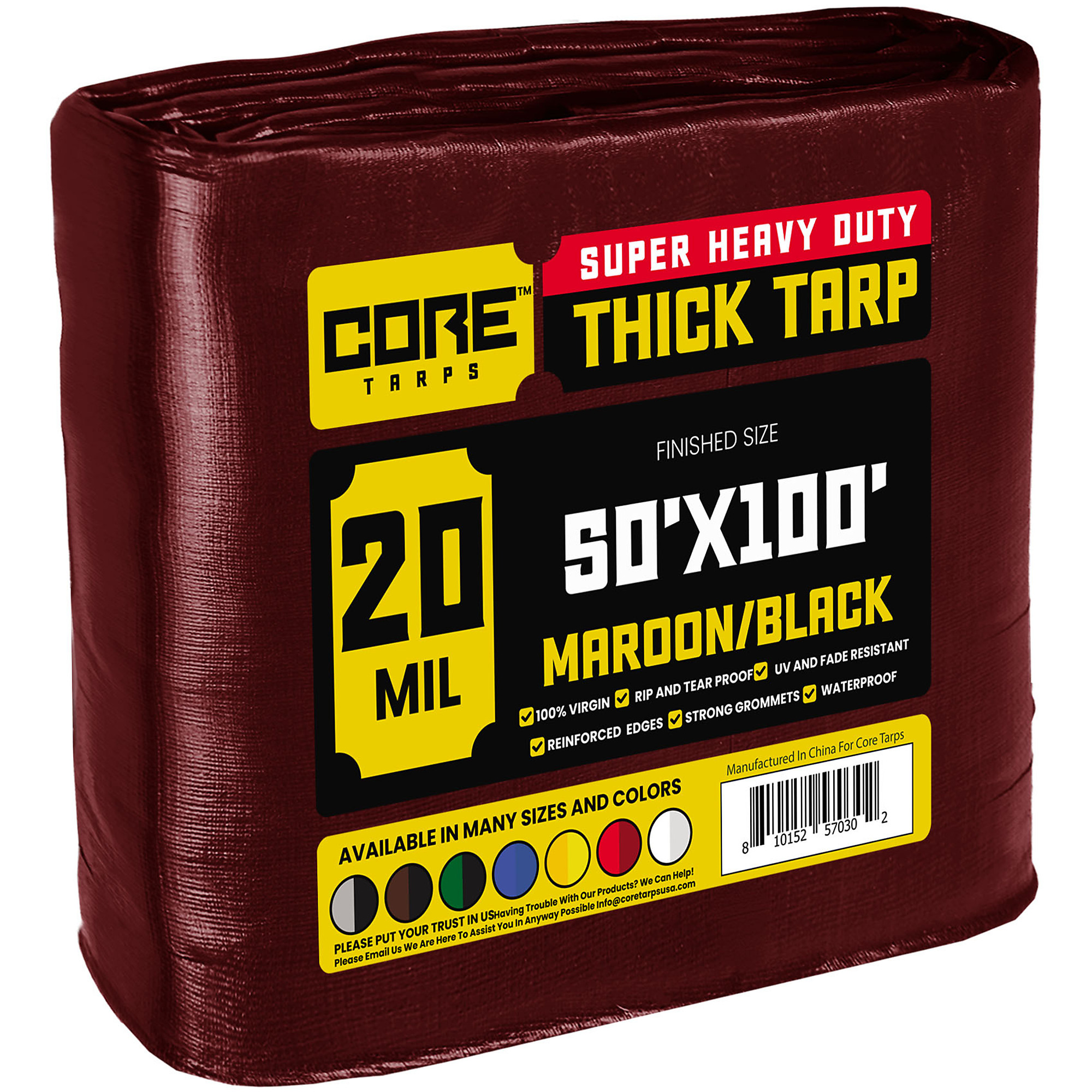 Core Tarps Extreme Heavy Duty 20 Mil Tarp Cover, Waterproof, UV Resistant, Rip and Tear Proof, Poly Tarpaulin with Reinforced Edges for Roof, Camping, Patio, Pool , Boat (Maroon/Black 50' X 100')