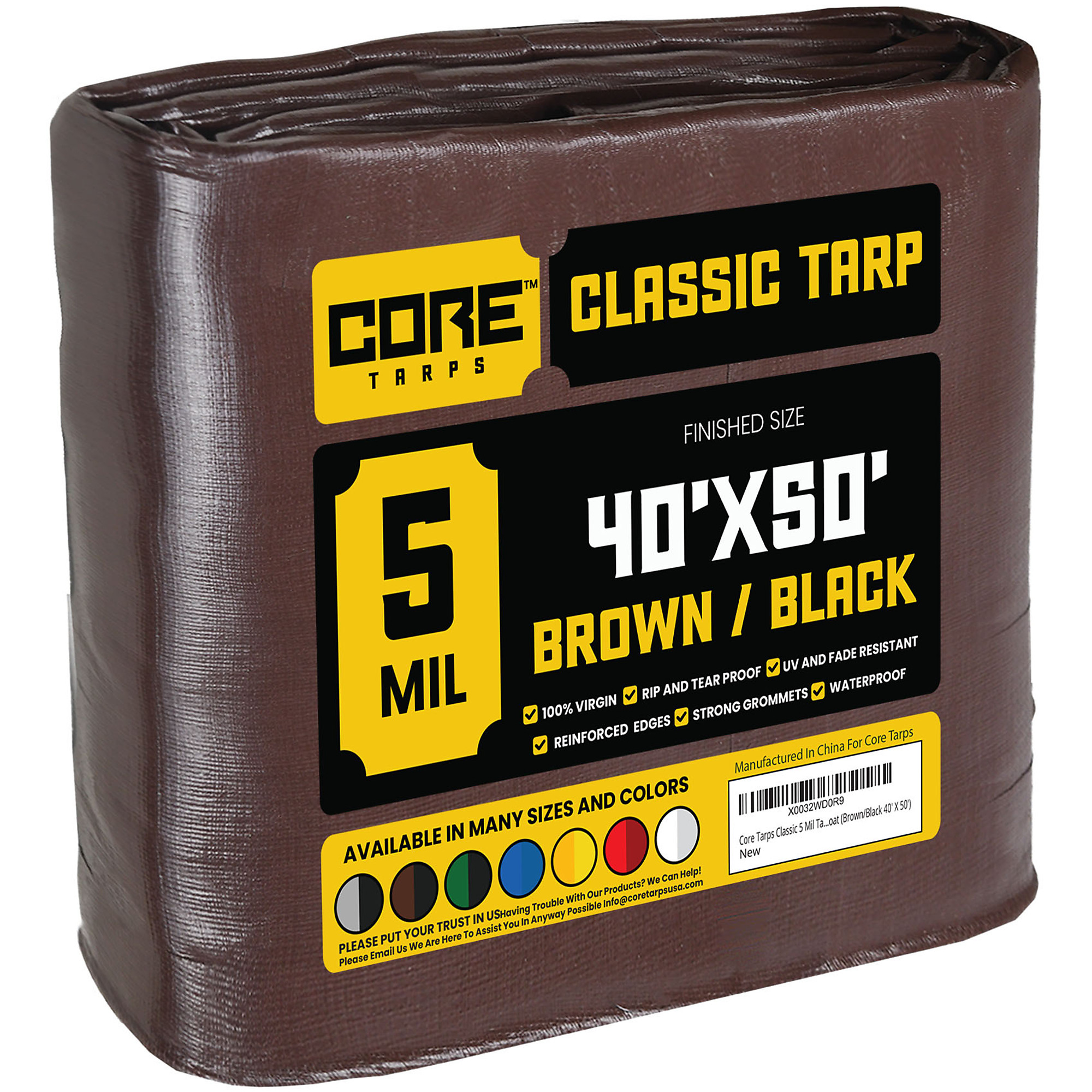 Core Tarps Classic 5 Mil Tarp Cover, Waterproof, UV Resistant, Rip and Tear Proof, Poly Tarpaulin with Reinforced Edges for Roof, Camping, Patio, Pool Cover, Boat (Brown/Black 40' X 50')