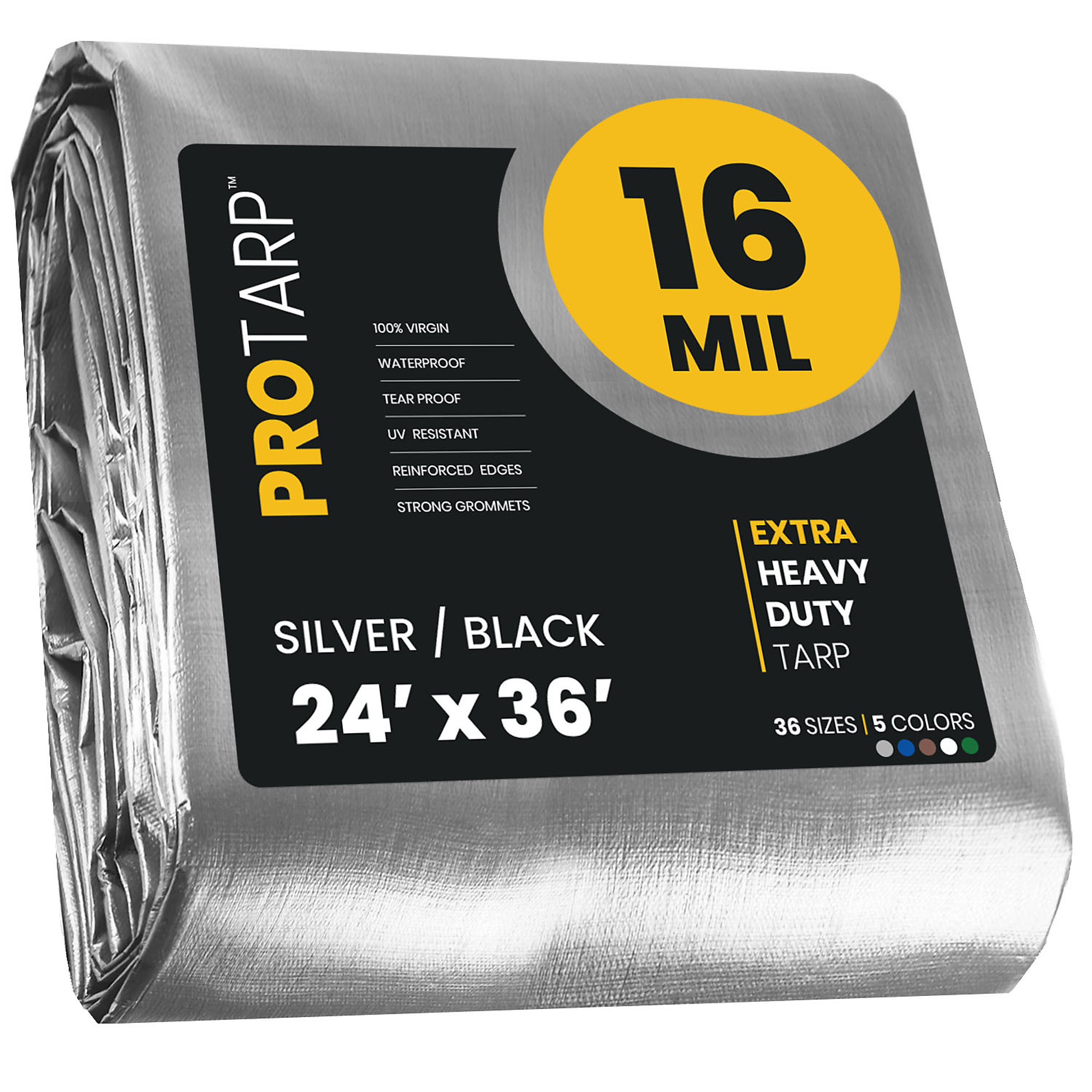 Protarp Extra Heavy-Duty Tarp Cover — 24ft. x 36ft., 16 Mil, Waterproof, UV Resistant, Rip and Tear Proof, Reinforced Edges, Silver/Black, Model# PT-101-24X36