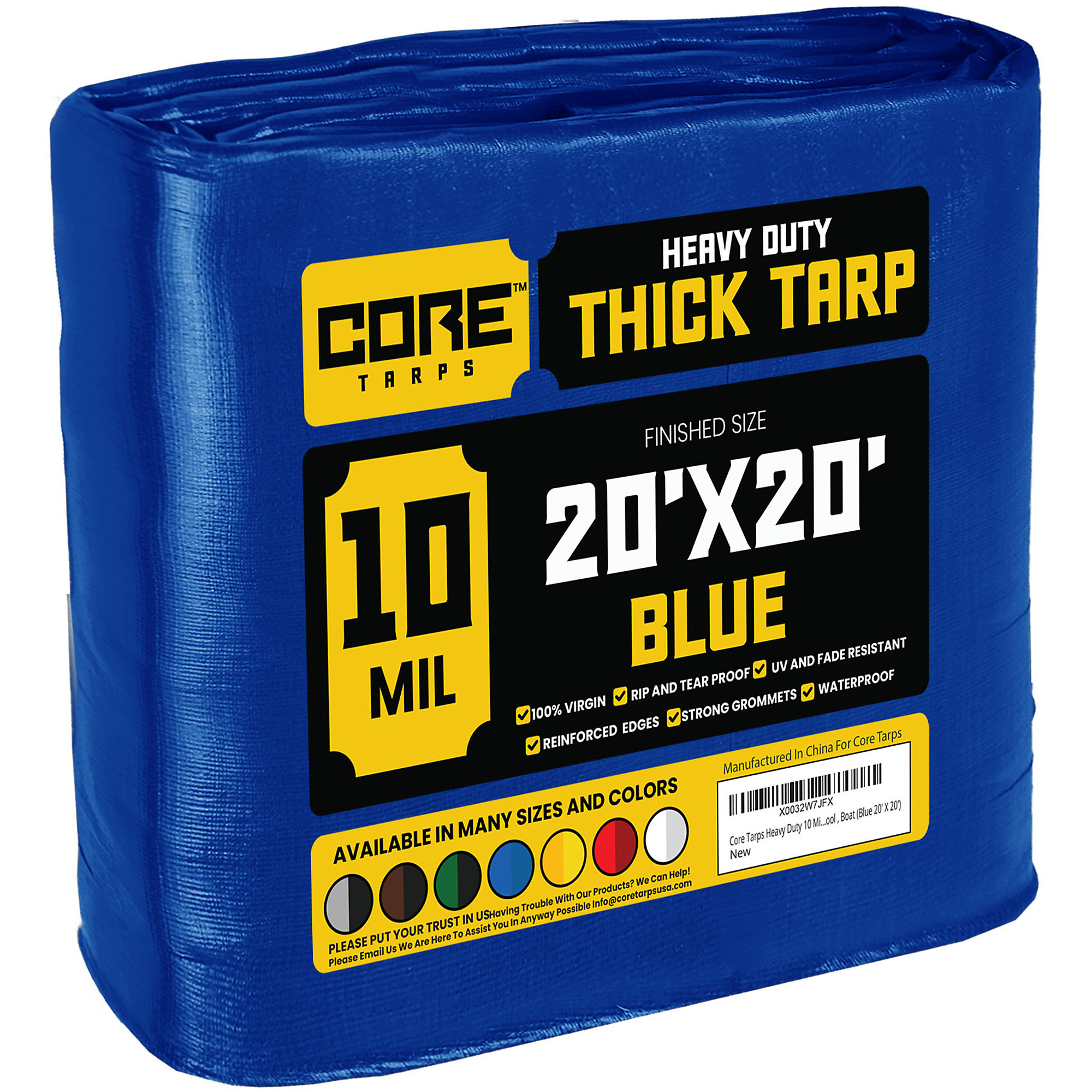 Core Tarps Heavy-Duty Poly Tarpaulin — 20ft. x 20ft., 10 Mil, Waterproof, UV Resistant, Rip and Tear Proof, Reinforced Edges, Blue, Model# CT-605-20X20