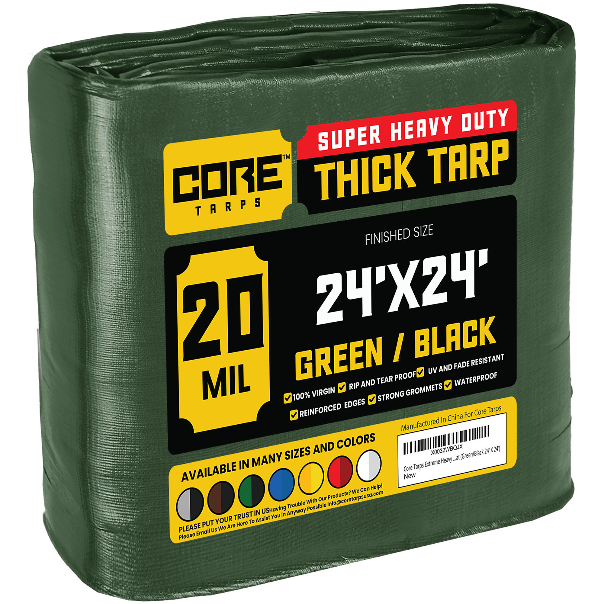 Core Tarps Extreme Heavy-Duty Tarp Cover — 20 Mil, Waterproof, UV-Resistant, Rip and Tear Proof, Poly Tarpaulin, Reinforced Edges, 24ft. x 24ft., Green/Black, Model# CT-703-24X24