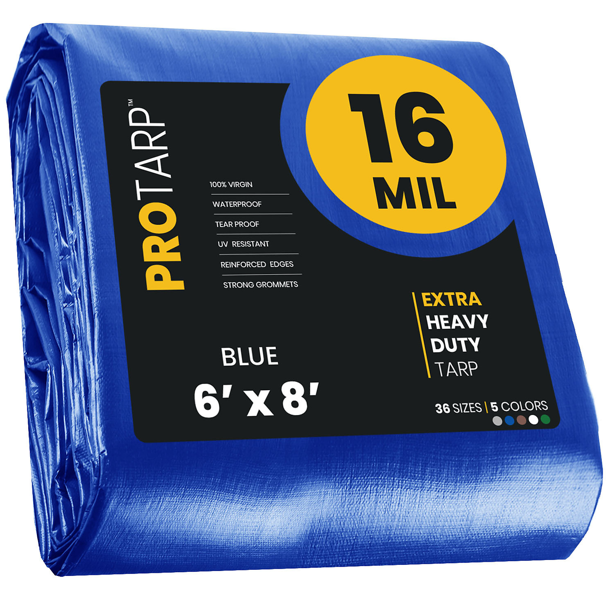 Protarp Extra Heavy-Duty Tarp Cover — 16 Mil, Waterproof, UV-Resistant, Rip and Tear Proof, Reinforced Edges, 6ft. x 8ft., Blue, Model# PT-105-6X8