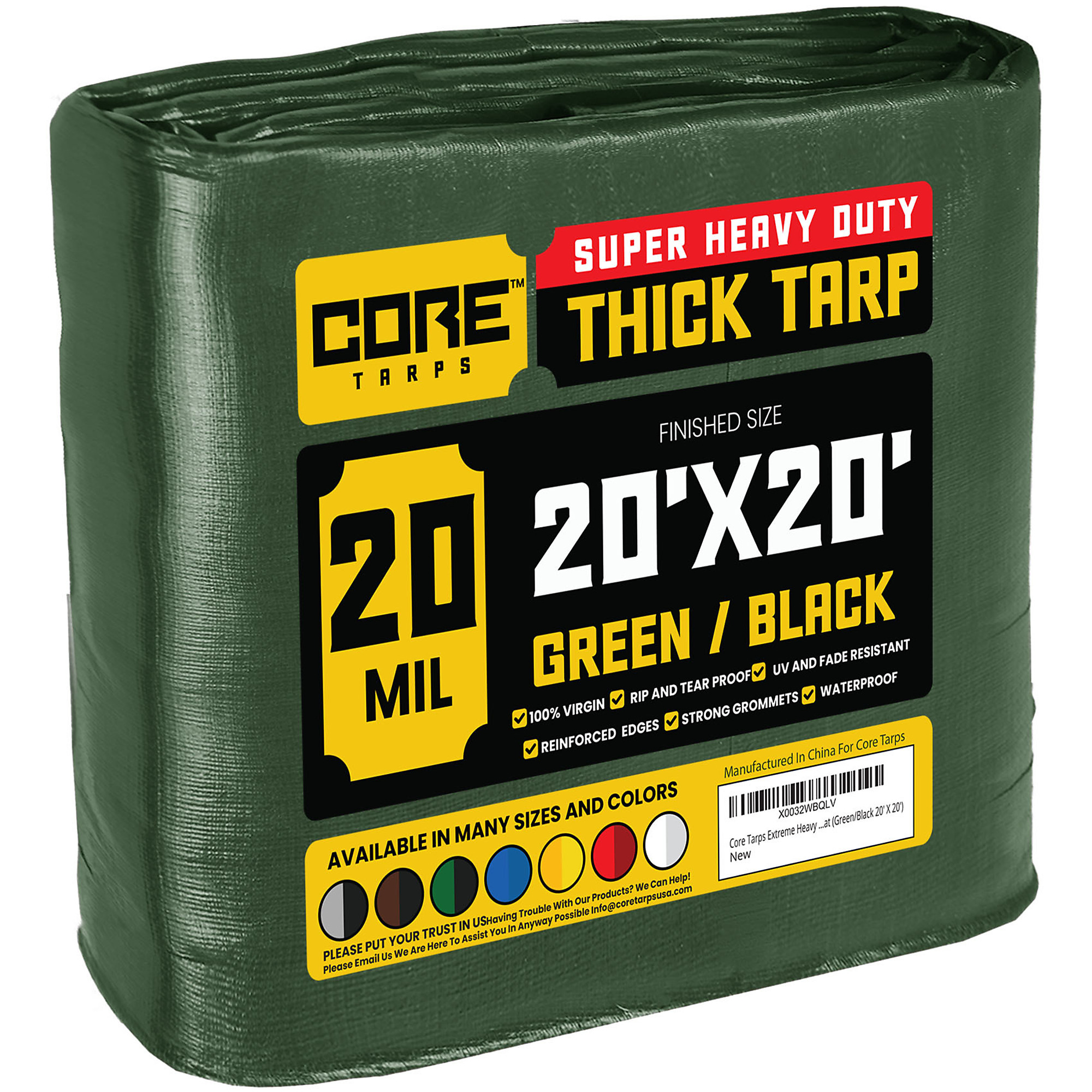Core Tarps Extreme Heavy-Duty Tarp Cover — 20ft. x 20ft., 20 Mil, Waterproof, UV-Resistant, Rip and Tear Proof, Reinforced Edges, Green/Black, Model# CT-703-20X20