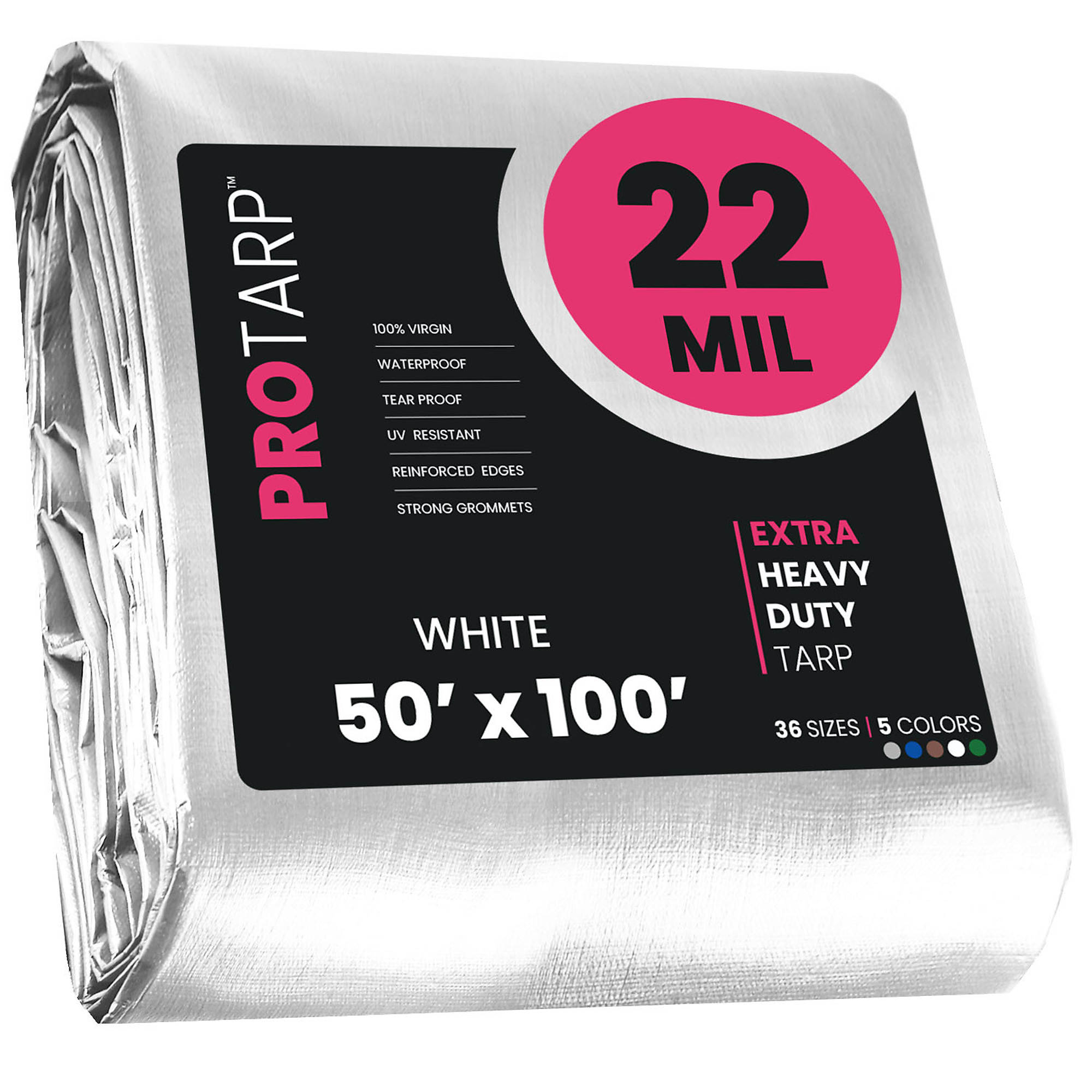 Protarp Extreme Heavy-Duty Tarp Cover — 50ft. x 100ft., 22 Mil, Waterproof, UV Resistant, Rip and Tear Proof, Reinforced Edges, White, Model# PT-204-50X100