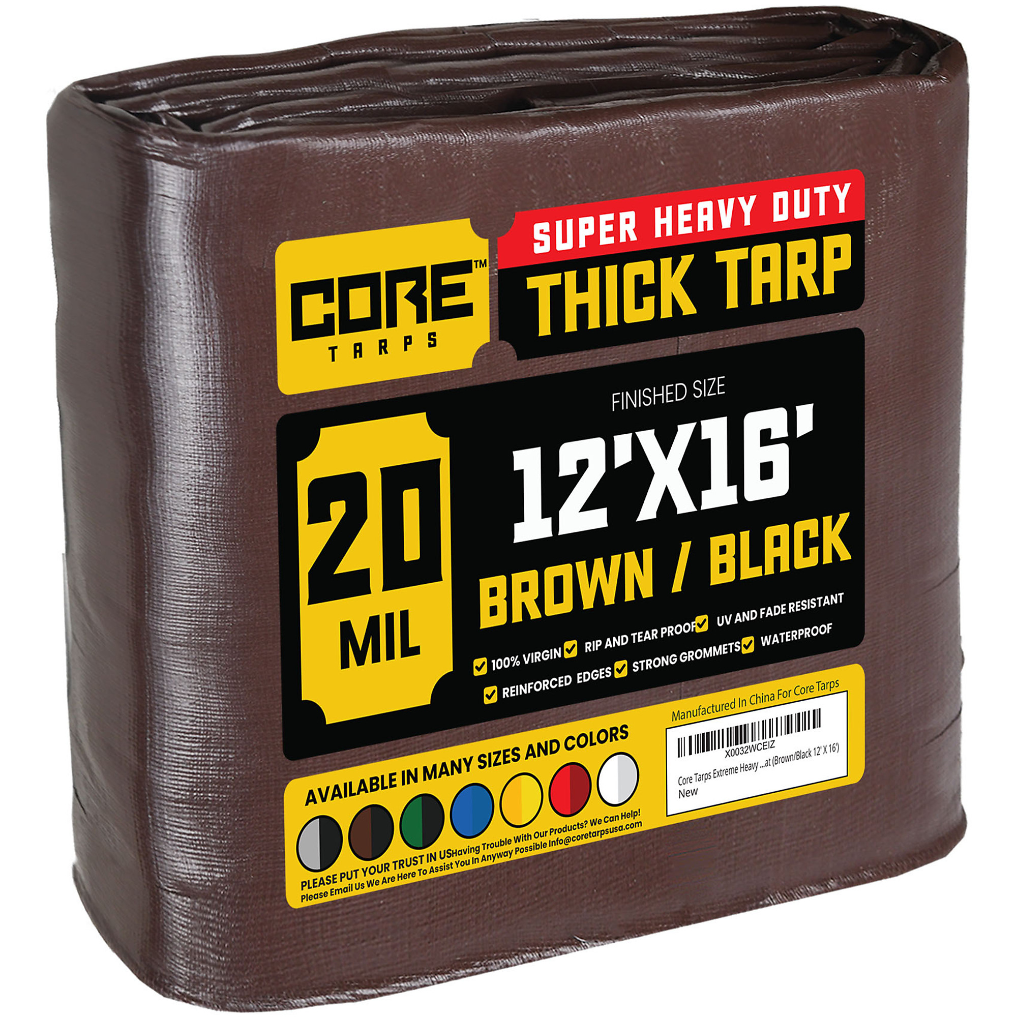 Core Tarps Extreme Heavy-Duty Tarp Cover — 12ft. x 16ft., 20 Mil, Waterproof, UV-Resistant, Rip and Tear Proof, Reinforced Edges, Brown/Black, Model# CT-702-12X16