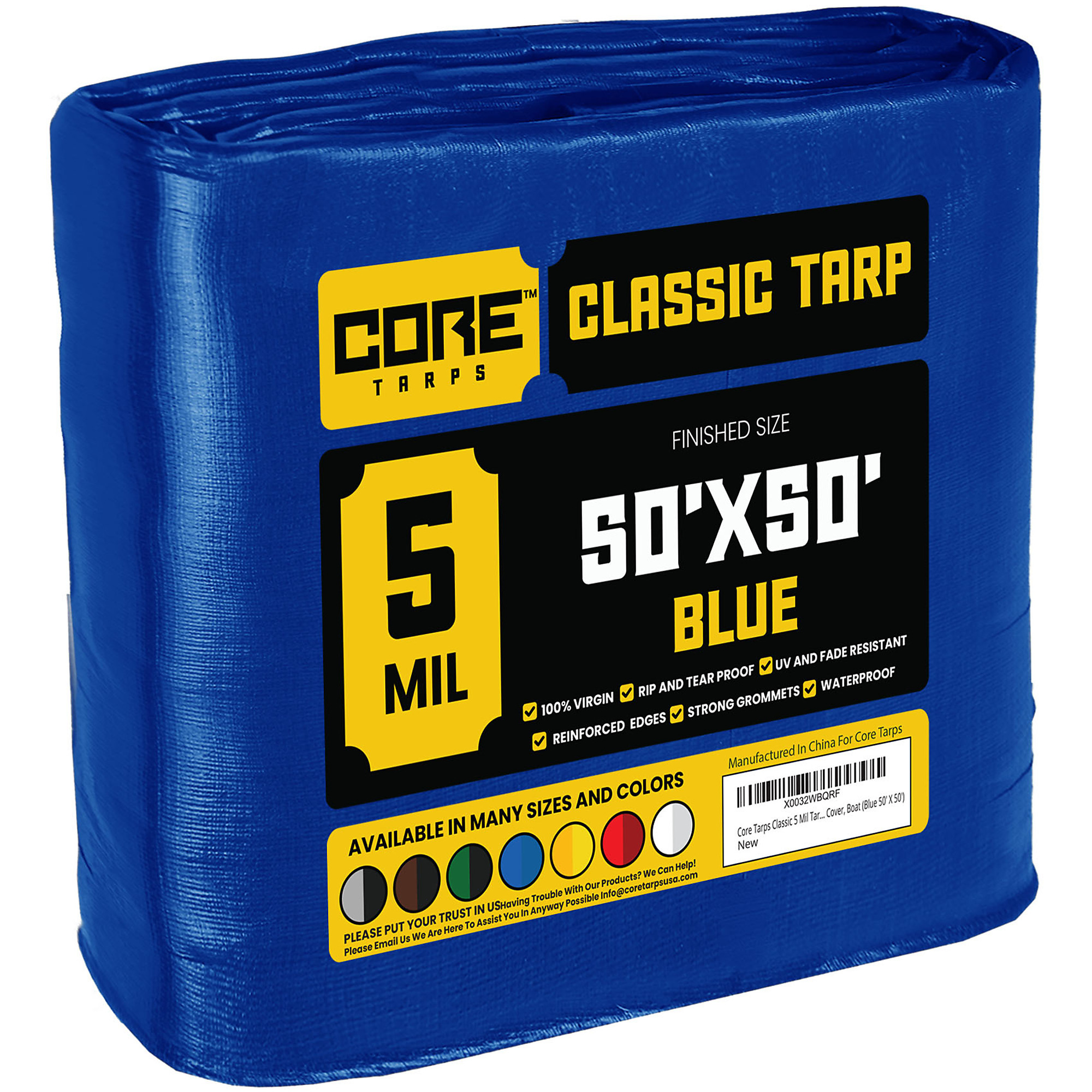 Core Tarps Classic 5 Mil Tarp Cover — 50ft. x 50ft., Waterproof, UV-Resistant, Rip and Tear Proof, Reinforced Edges, Blue, Model# CT-505-50X50