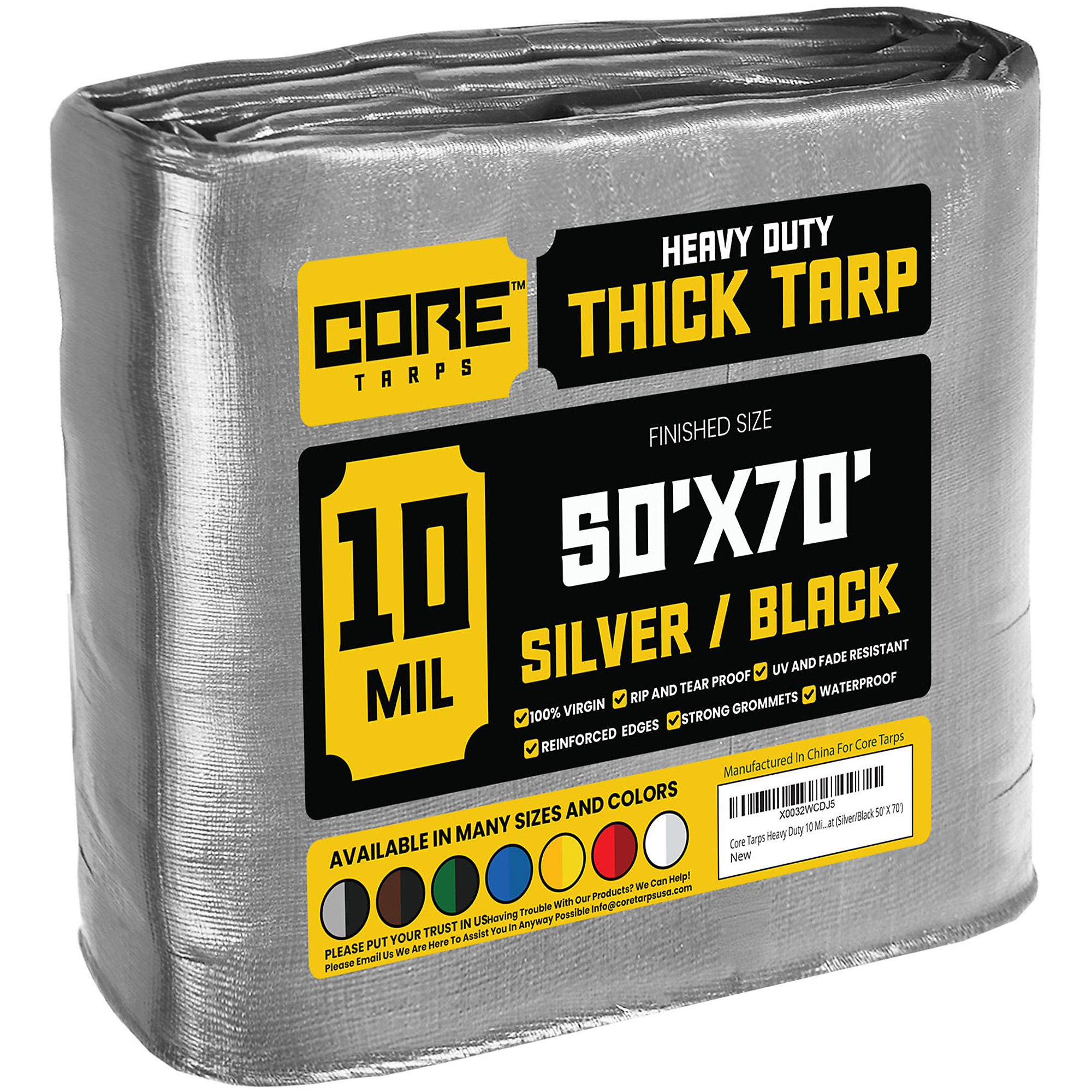 Core Tarps Heavy-Duty Poly Tarpaulin — 50ft. x 70ft., 10 Mil, Waterproof, UV Resistant, Rip and Tear Proof, Reinforced Edges, Silver/Black, Model# CT-601-50X70