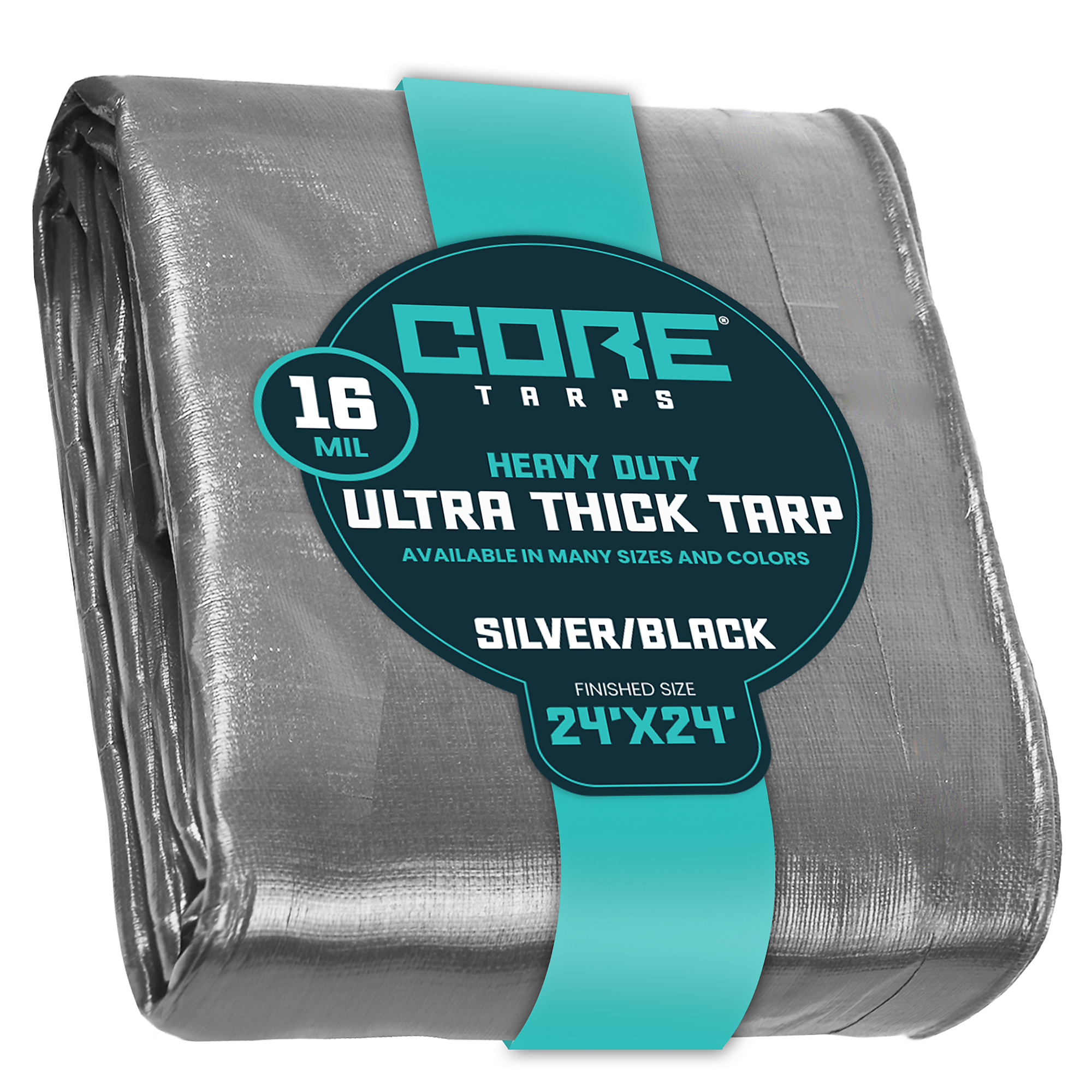 Core Tarps Extra Heavy Duty 16 Mil Tarp Cover — 24ft. x 24ft., Waterproof, UV Resistant, Rip and Tear Proof, Reinforced Edges, Silver/Black, Model# CT-301-24X24