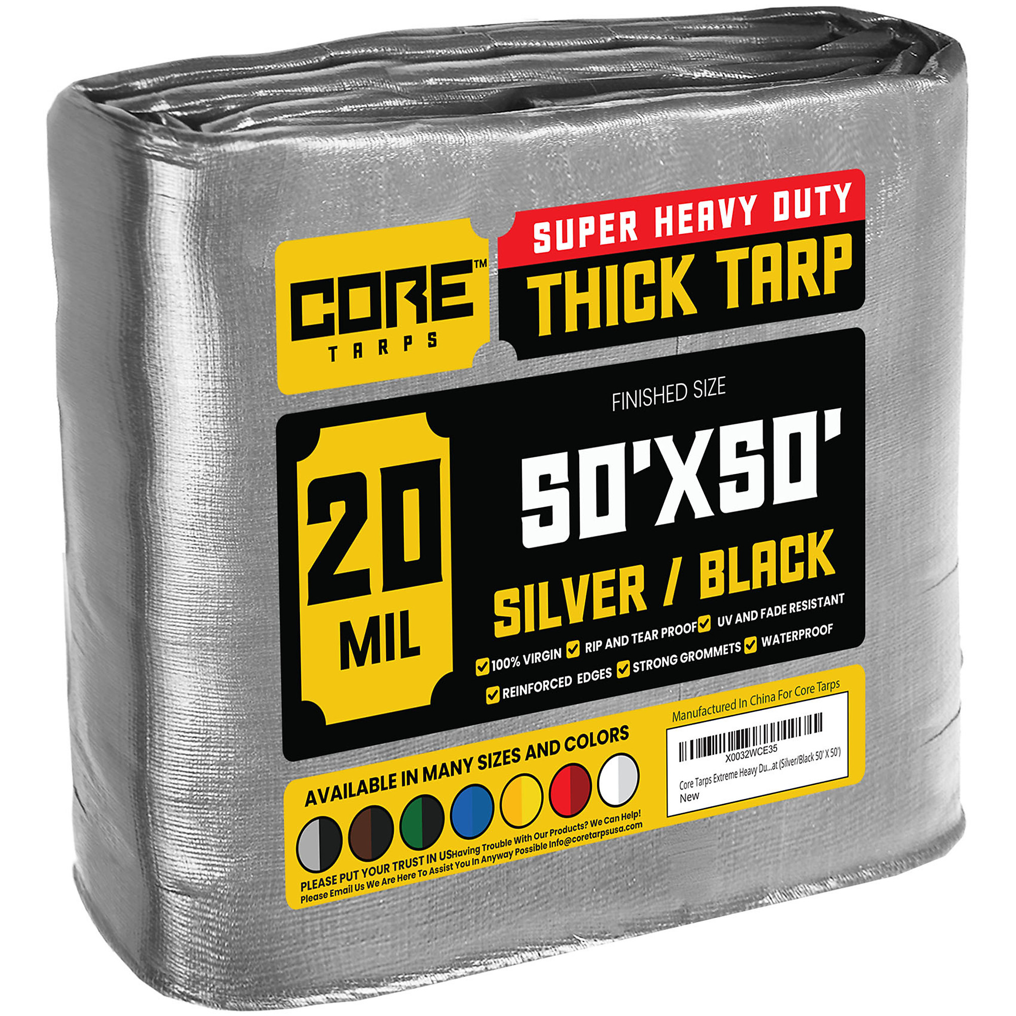 Core Tarps Extreme Heavy-Duty Tarp Cover — 50ft. x 50ft., 20 Mil, Waterproof, UV Resistant, Rip and Tear Proof, Reinforced Edges, Silver/Black, Model# CT-701-50X50