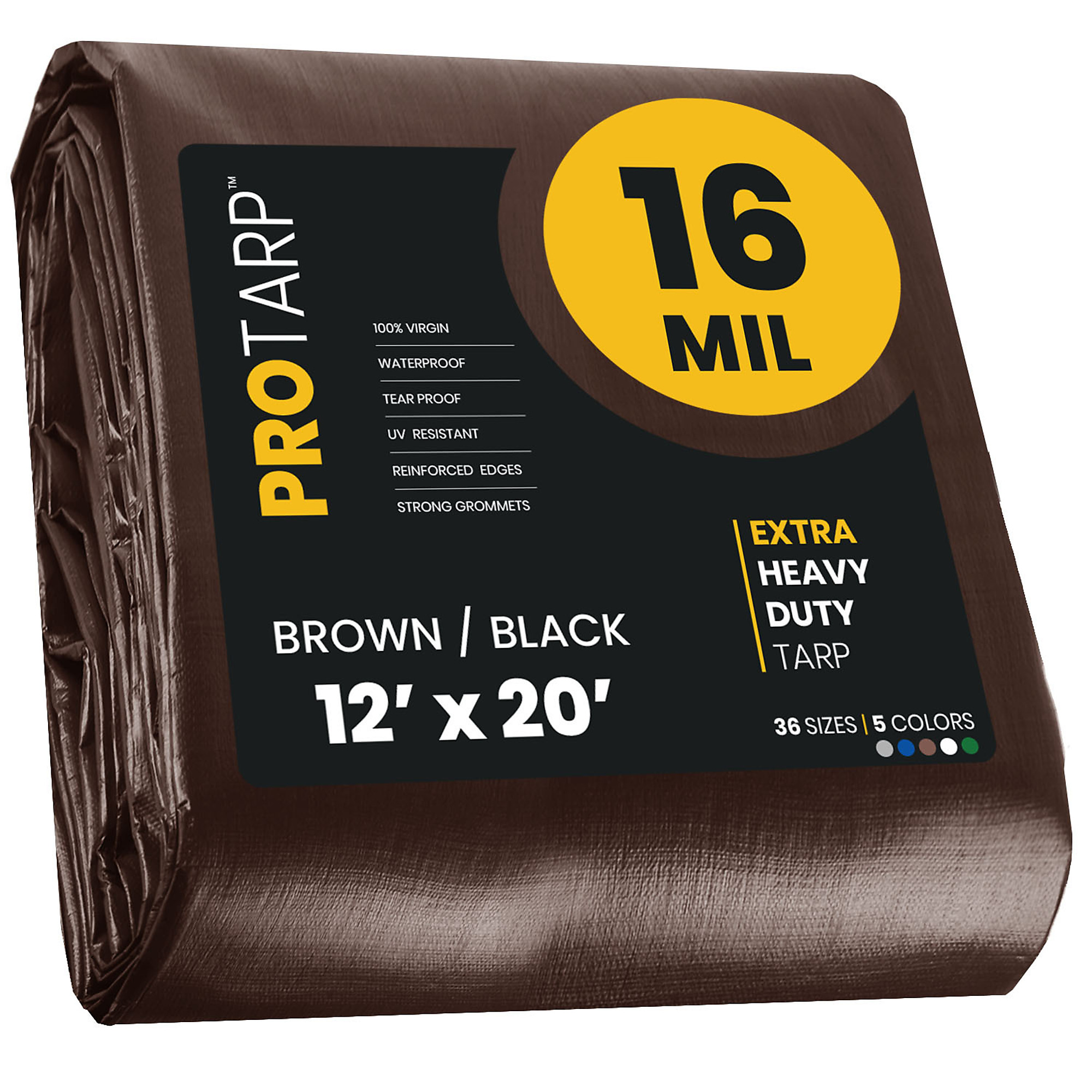 PROTARP Extra Heavy Duty 16 Mil Tarp Cover, Waterproof, UV Resistant, Rip and Tear Proof, Poly Tarpaulin with Reinforced Edges for Roof, Camping, Patio, Pool , Boat. (Brown/Black 12' X 20')