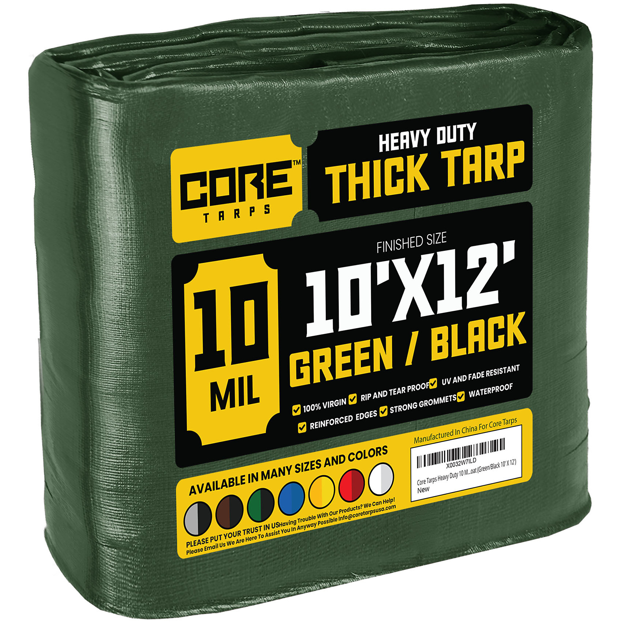 Core Tarps Heavy Duty 10 Mil Tarp Cover — 10ft. x 12ft., Waterproof, UV Resistant, Rip and Tear Proof, Reinforced Edges, Green/Black, Model# CT-603-10X12