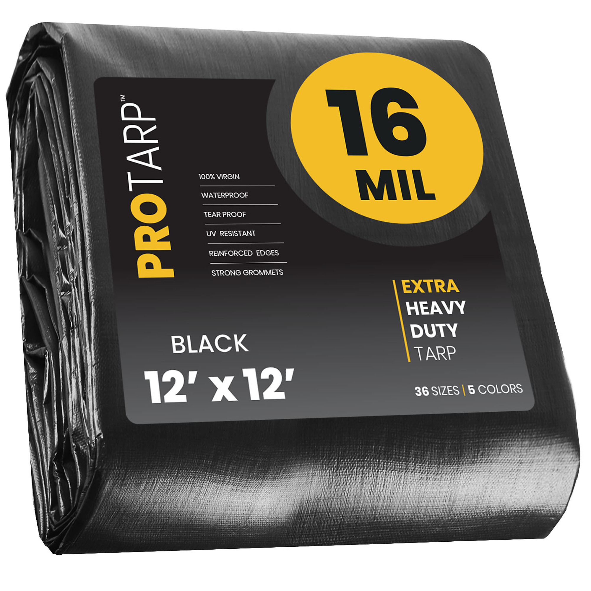 PROTARP Extra Heavy Duty 16 Mil Tarp Cover, Waterproof, UV Resistant, Rip and Tear Proof, Poly Tarpaulin with Reinforced Edges for Roof, Camping, Patio, Pool , Boat. (Black 12' X 12')