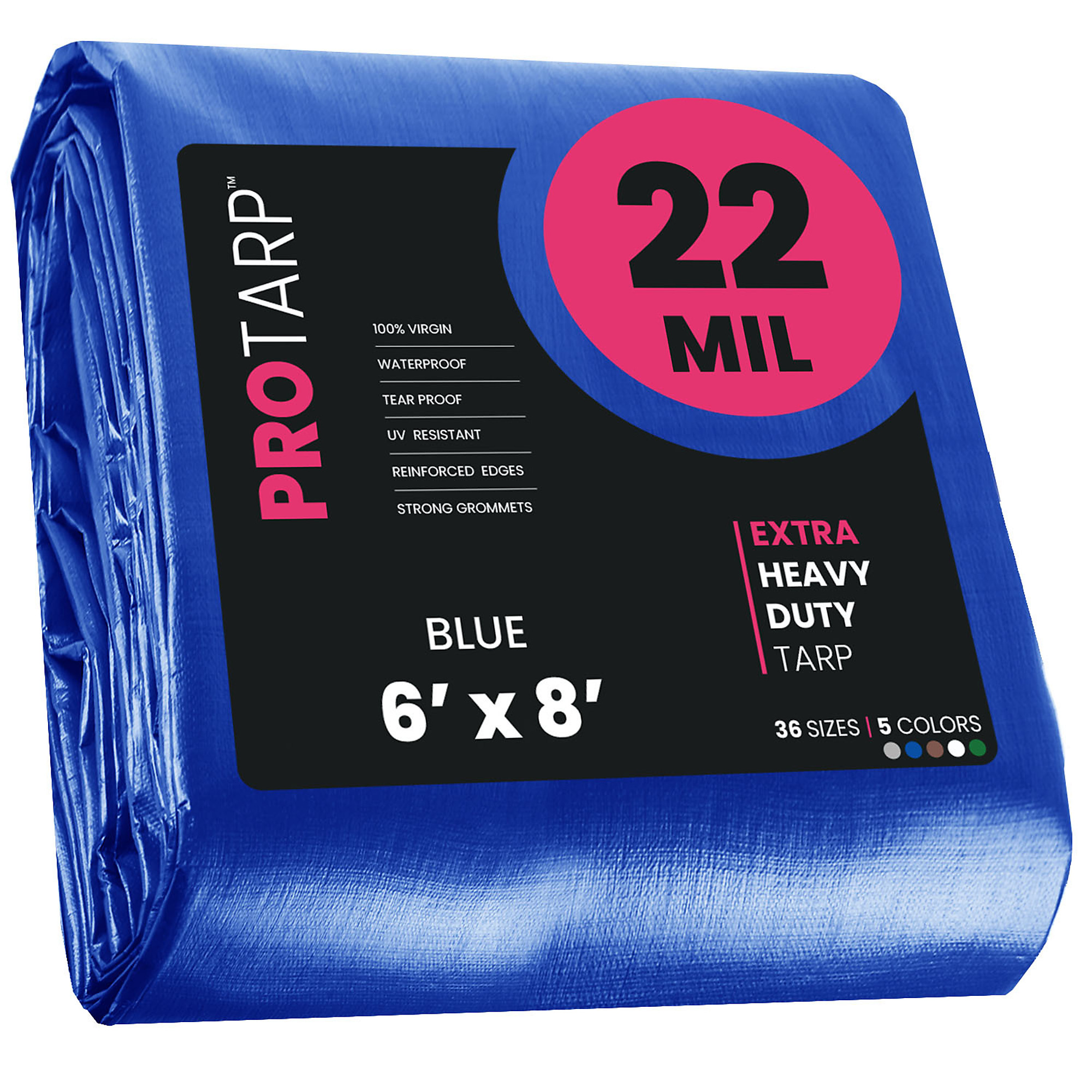 Protarp Extreme Heavy-Duty Tarp Cover — 6ft. x 8ft., 22 Mil, Waterproof, UV-Resistant, Rip and Tear Proof, Reinforced Edges, Blue, Model# PT-205-6X8