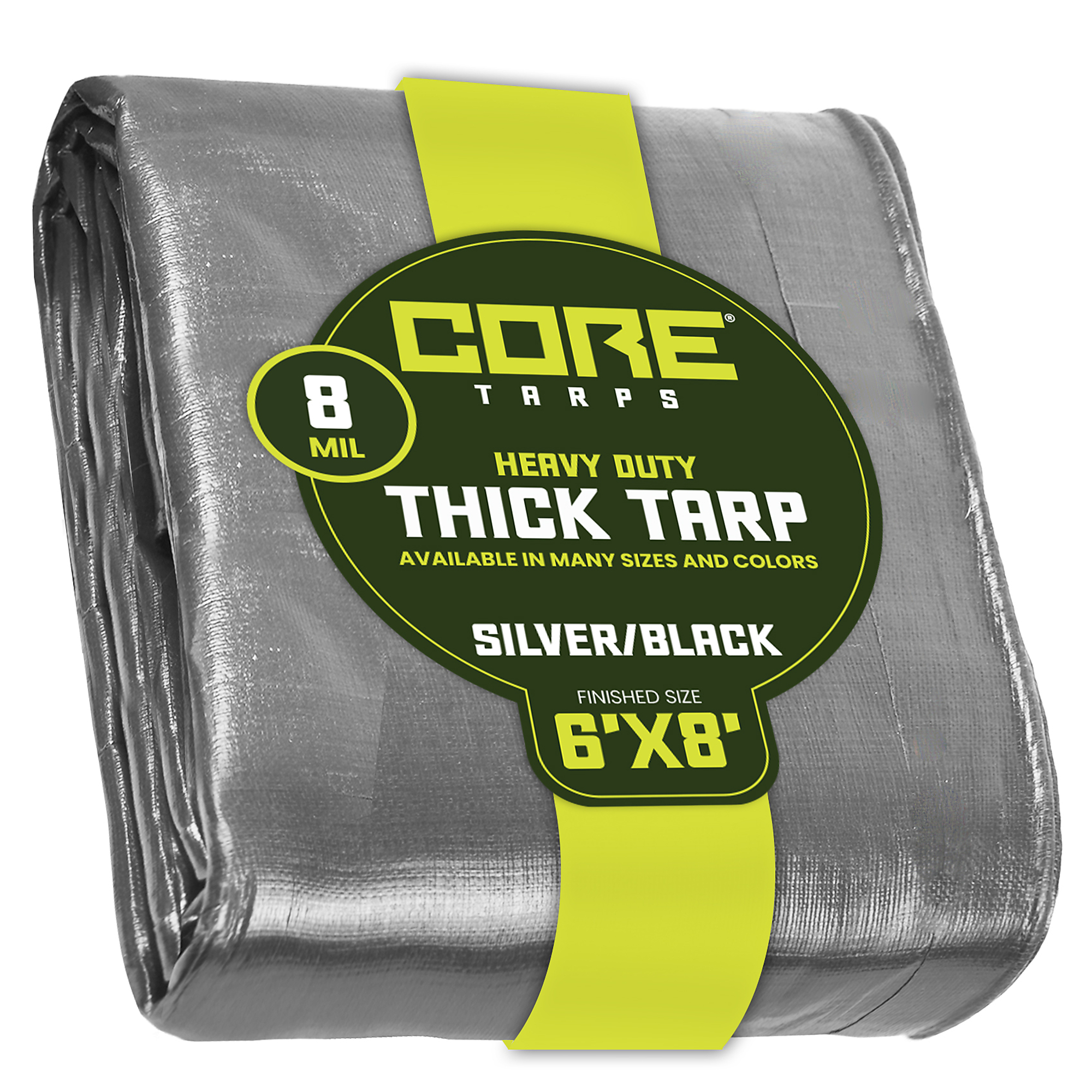 Core Tarps Heavy Duty Tarp Cover — 6ft. x 8ft., 8 Mil, Waterproof, UV Resistant, Rip and Tear Proof, Poly Tarpaulin, Reinforced Edges, Silver/Black, Model# CT-401-6X8