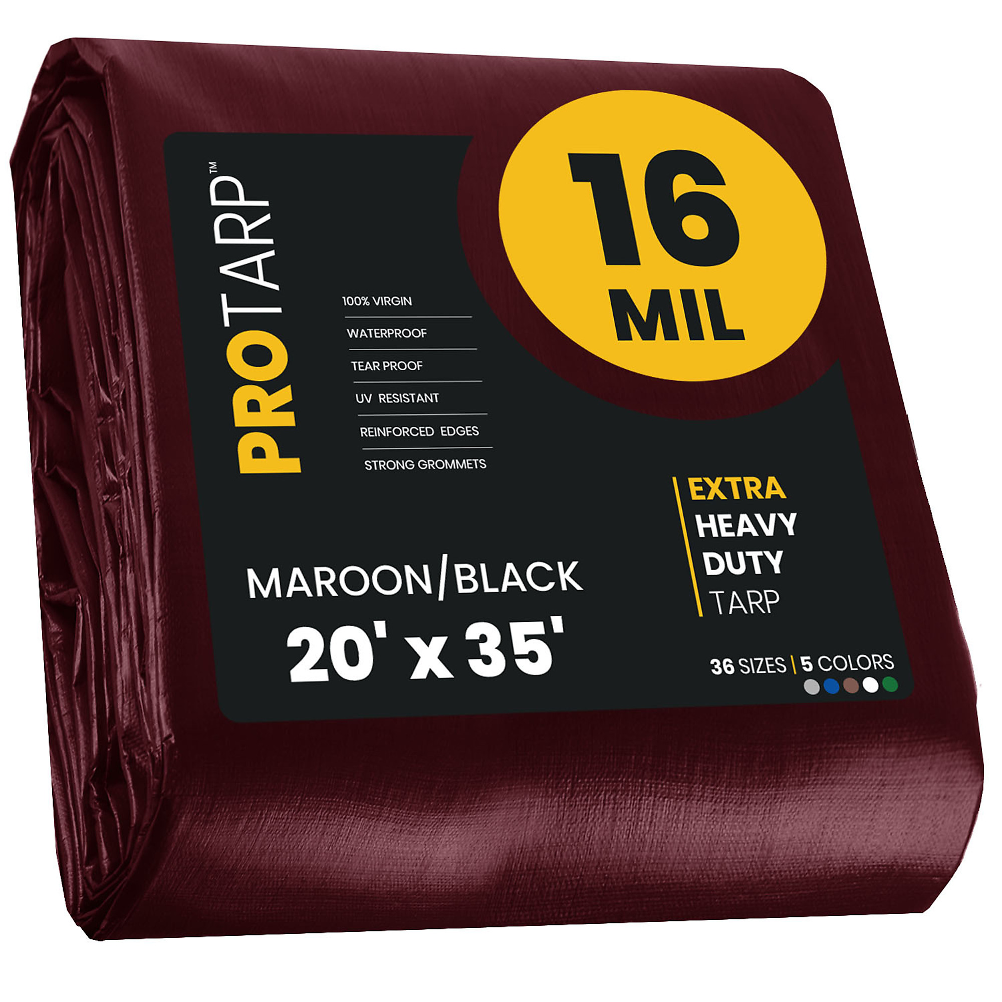 PROTARP Extra Heavy Duty 16 Mil Tarp Cover, Waterproof, UV Resistant, Rip and Tear Proof, Poly Tarpaulin with Reinforced Edges for Roof, Camping, Patio, Pool , Boat. (Maroon/Black 20' X 35')