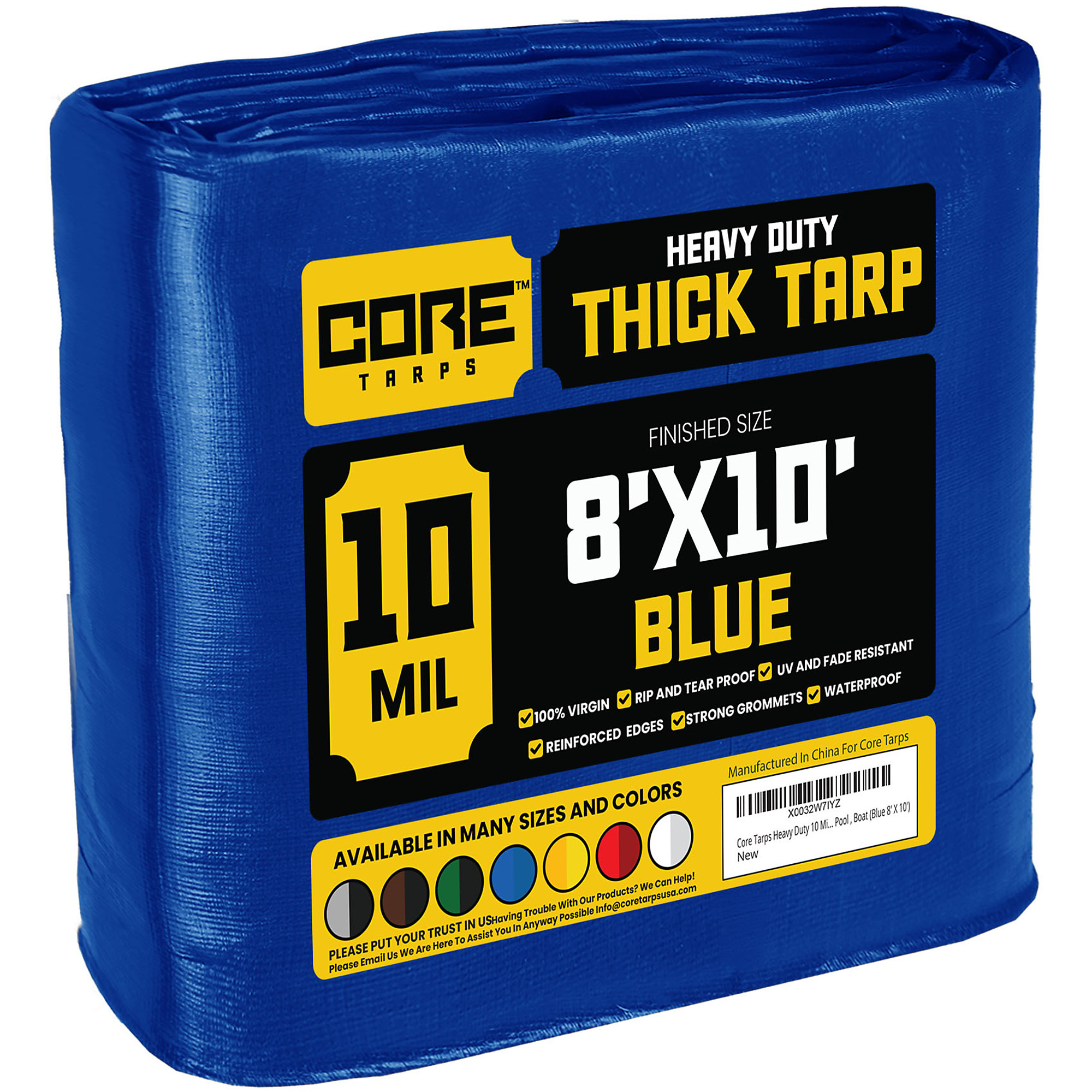 Core Tarps Heavy Duty Tarp Cover — 8ft. x 10ft., 10 Mil, Waterproof, UV Resistant, Rip and Tear Proof, Reinforced Edges, Blue, Model# CT-605-8X10