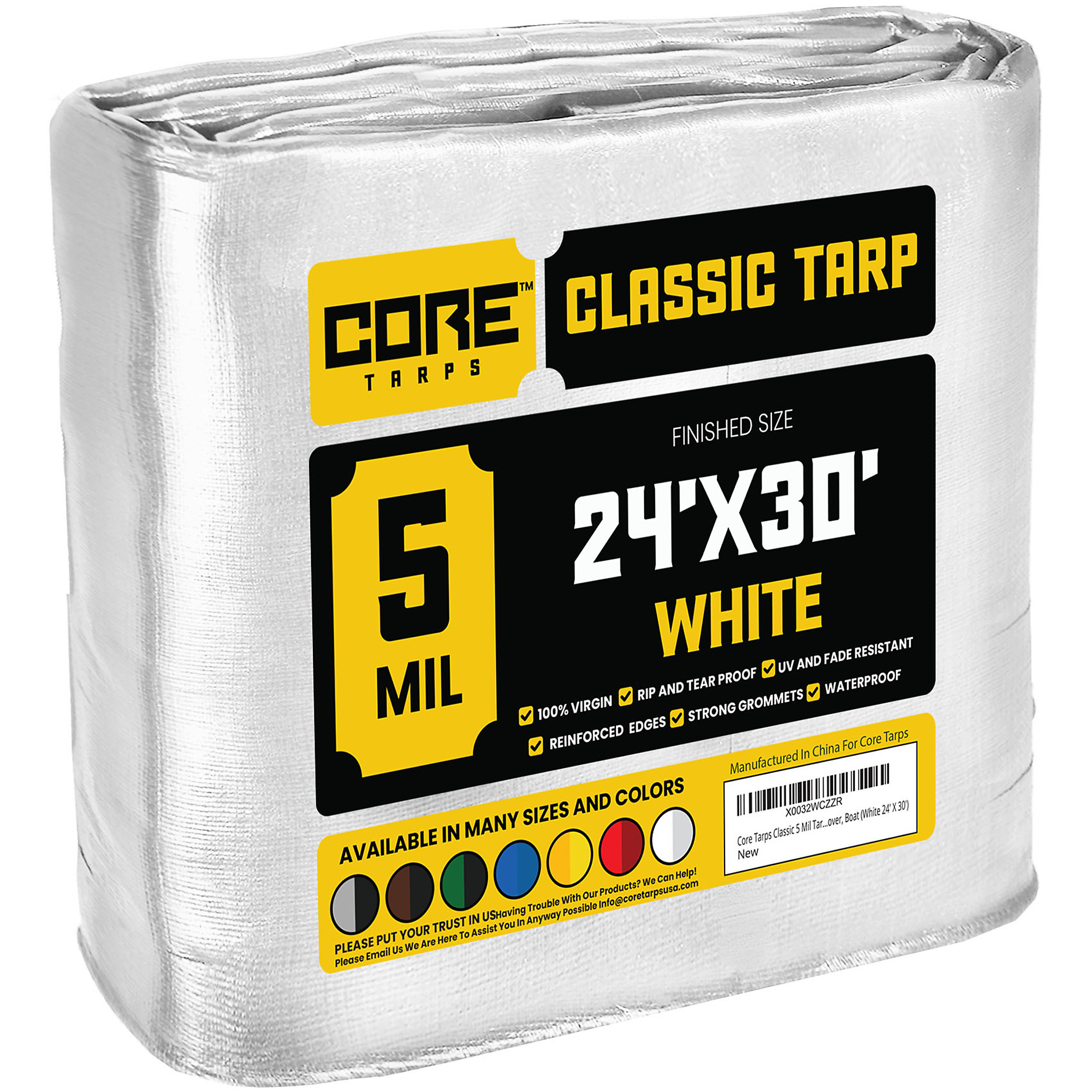 Core Tarps Classic Poly Tarpaulin — 24ft. x 30ft., 5 Mil, Waterproof, UV Resistant, Rip and Tear Proof, Reinforced Edges, White, Model# CT-504-24X30
