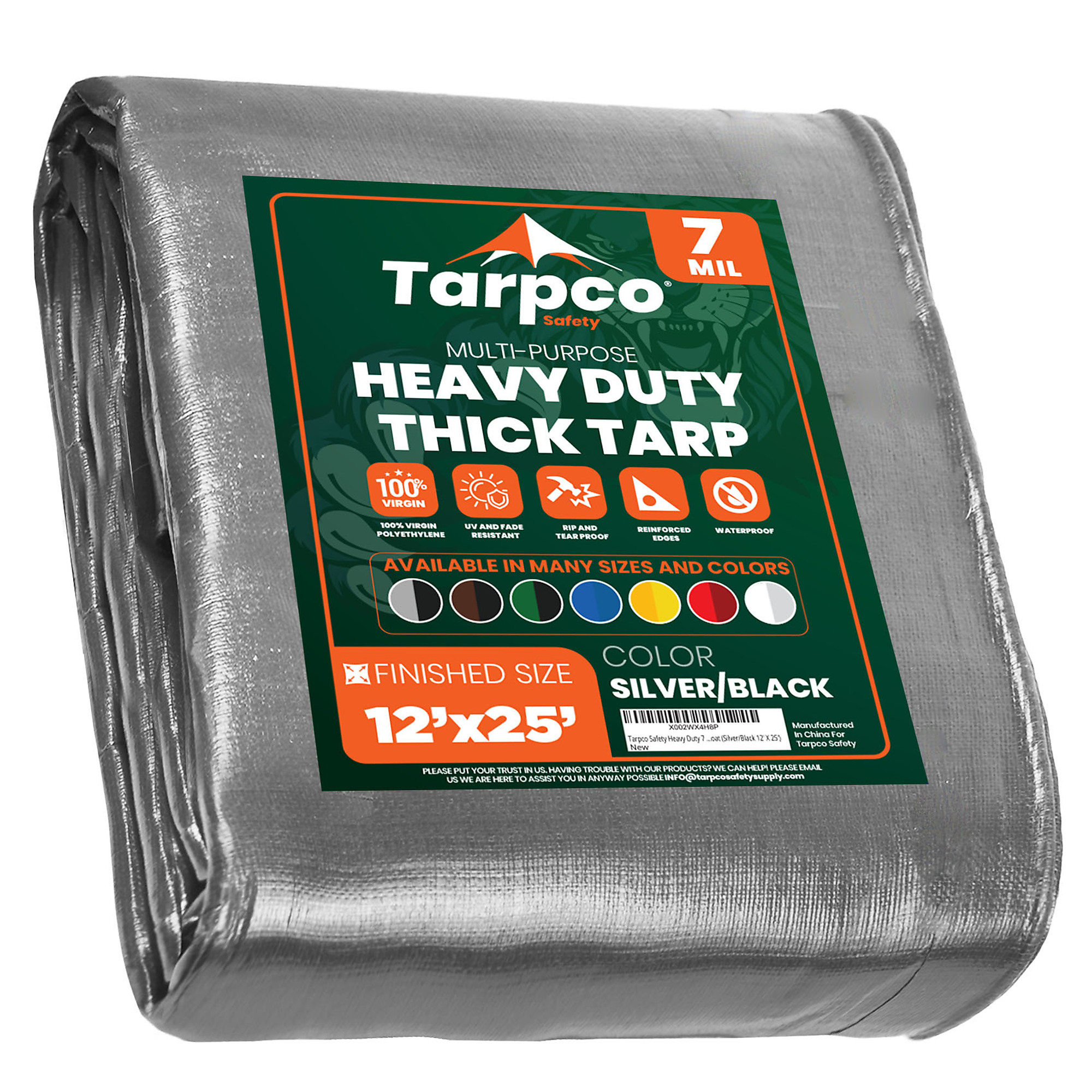Tarpco Safety Heavy Duty Tarp Cover — 12ft. x 25ft., 7 Mil, Waterproof, UV Resistant, Rip and Tear Proof, Reinforced Edges, Silver/Black, Model# TS-201-12X25