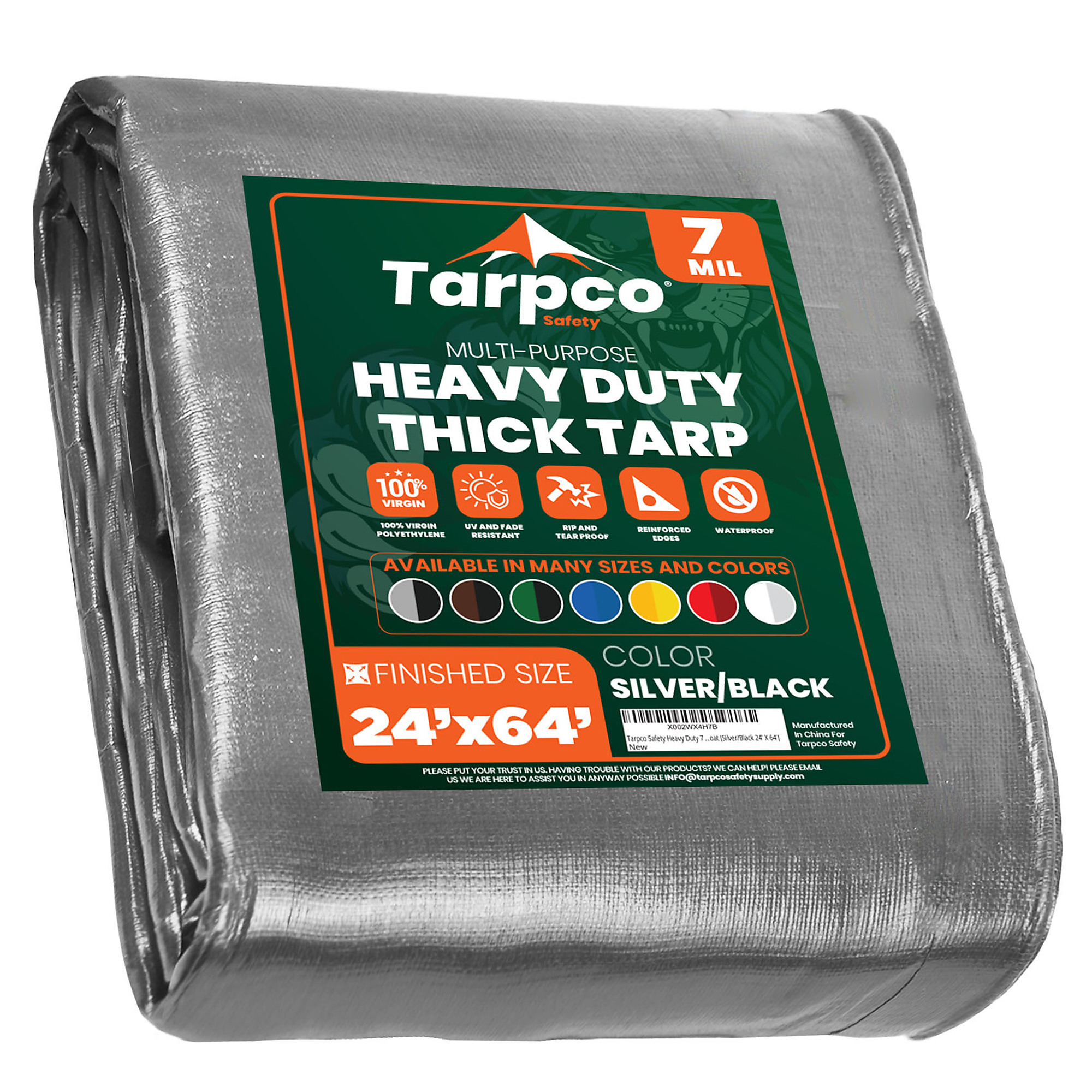 Tarpco Safety Heavy-Duty Tarp Cover — 24ft. x 64ft., 7 Mil, Waterproof, UV-Resistant, Rip and Tear Proof, Reinforced Edges, Silver/Black, Model# TS-201-24X64