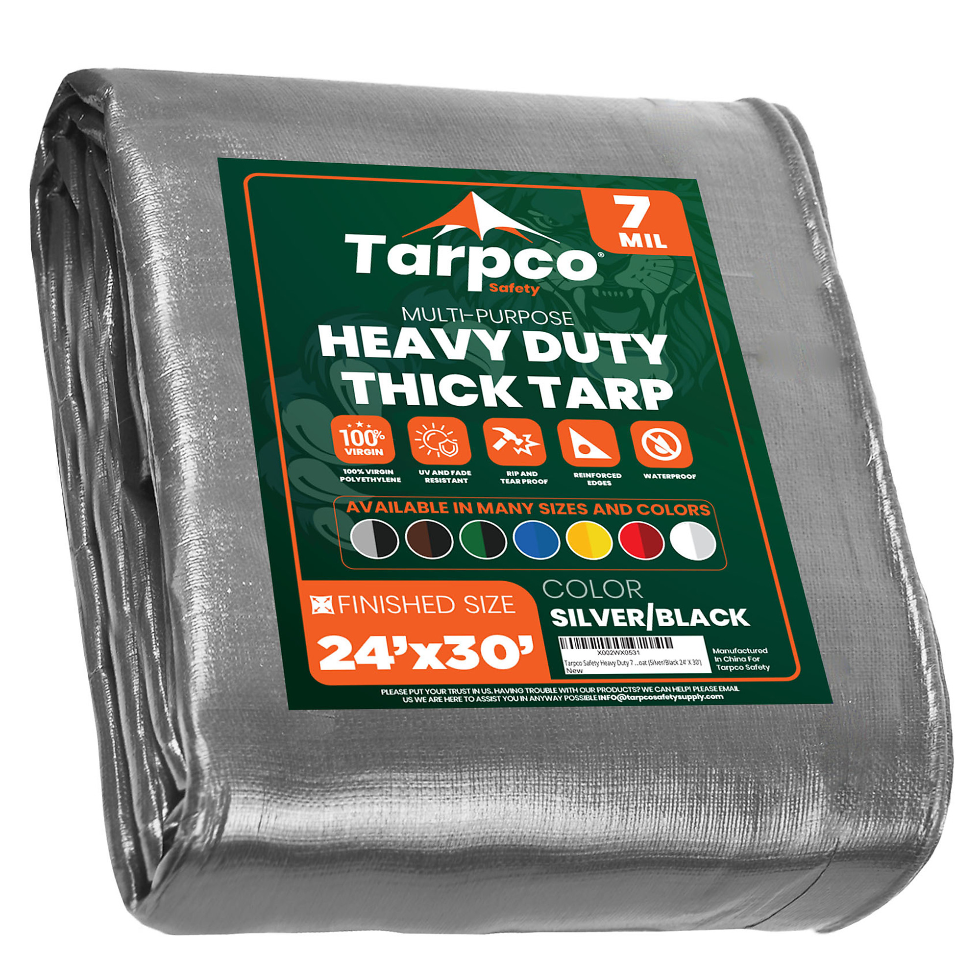 Tarpco Safety Heavy Duty 7 Mil Tarp Cover, Waterproof, UV Resistant, Rip and Tear Proof, Poly Tarpaulin with Reinforced Edges for Roof, Camping, Patio, Pool Cover, Boat (Silver/Black 24' X 30')