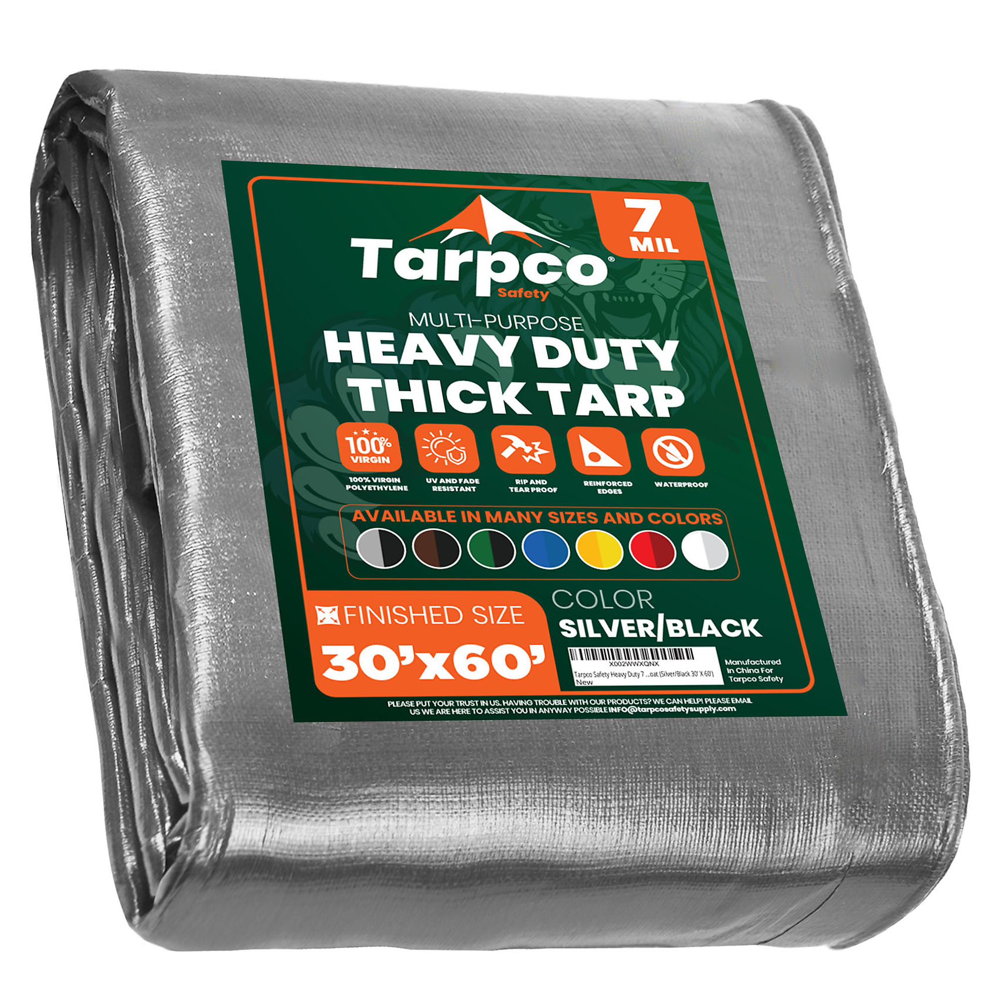 Tarpco Safety Heavy Duty 7 Mil Tarp Cover, Waterproof, UV Resistant, Rip and Tear Proof, Poly Tarpaulin with Reinforced Edges for Roof, Camping, Patio, Pool Cover, Boat (Silver/Black 30' X 60')