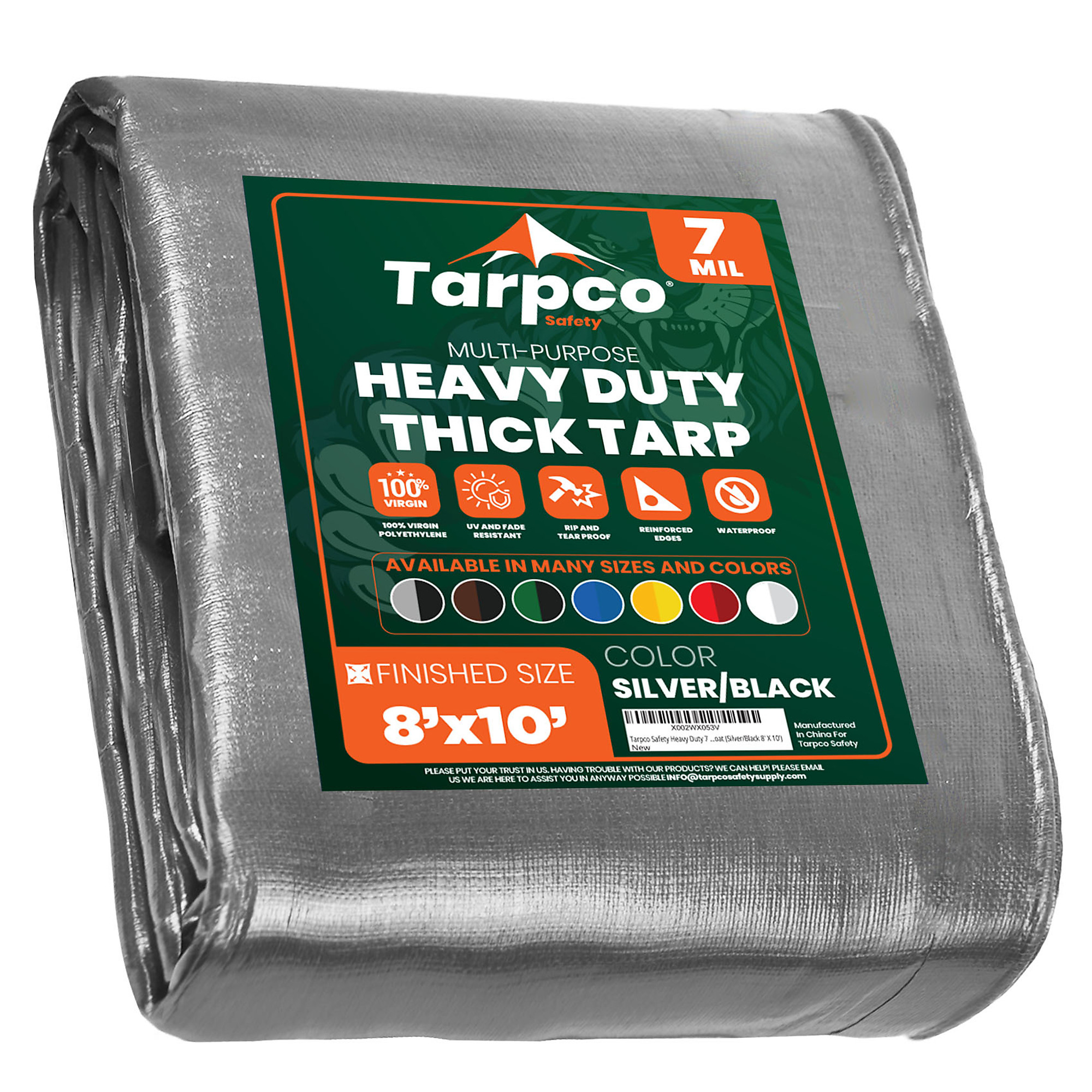 Tarpco Safety Heavy Duty 7 Mil Tarp Cover, Waterproof, UV Resistant, Rip and Tear Proof, Poly Tarpaulin with Reinforced Edges for Roof, Camping, Patio, Pool Cover, Boat (Silver/Black 8' X 10')