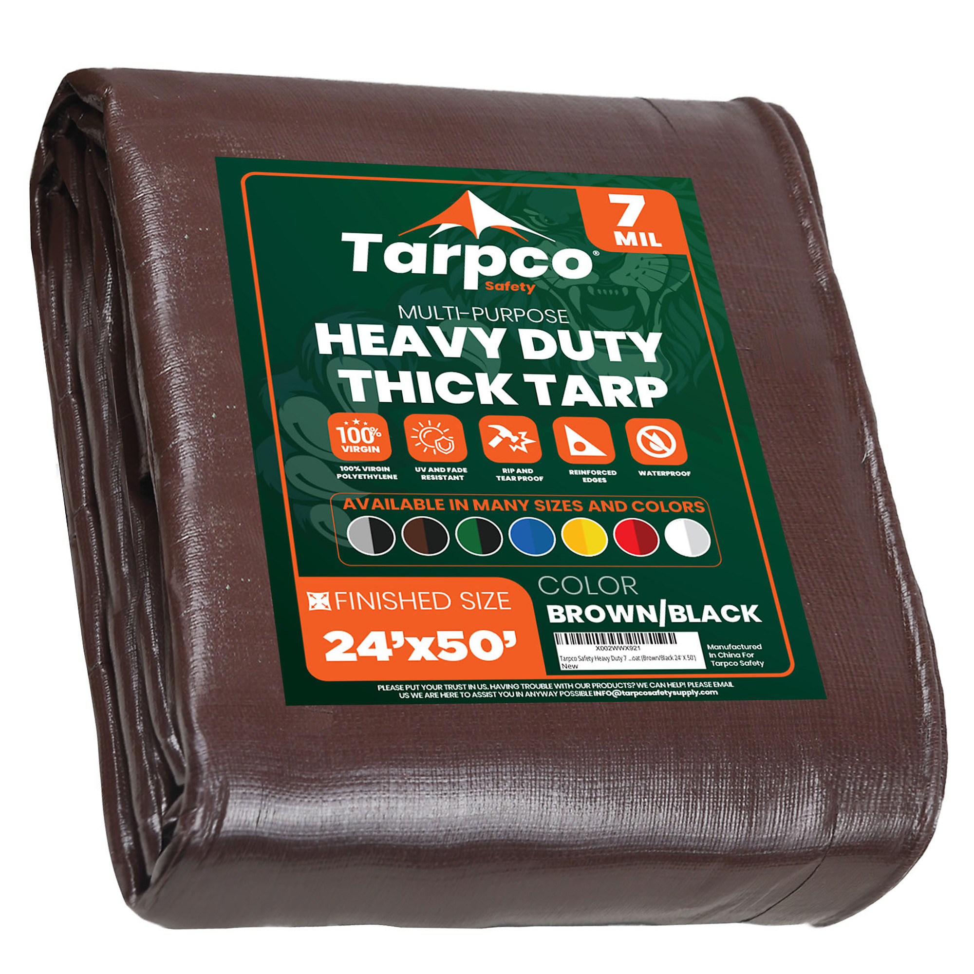 Tarpco Safety Heavy Duty 7 Mil Tarp Cover, Waterproof, UV Resistant, Rip and Tear Proof, Poly Tarpaulin with Reinforced Edges for Roof, Camping, Patio, Pool Cover, Boat (Brown/Black 24' X 50')