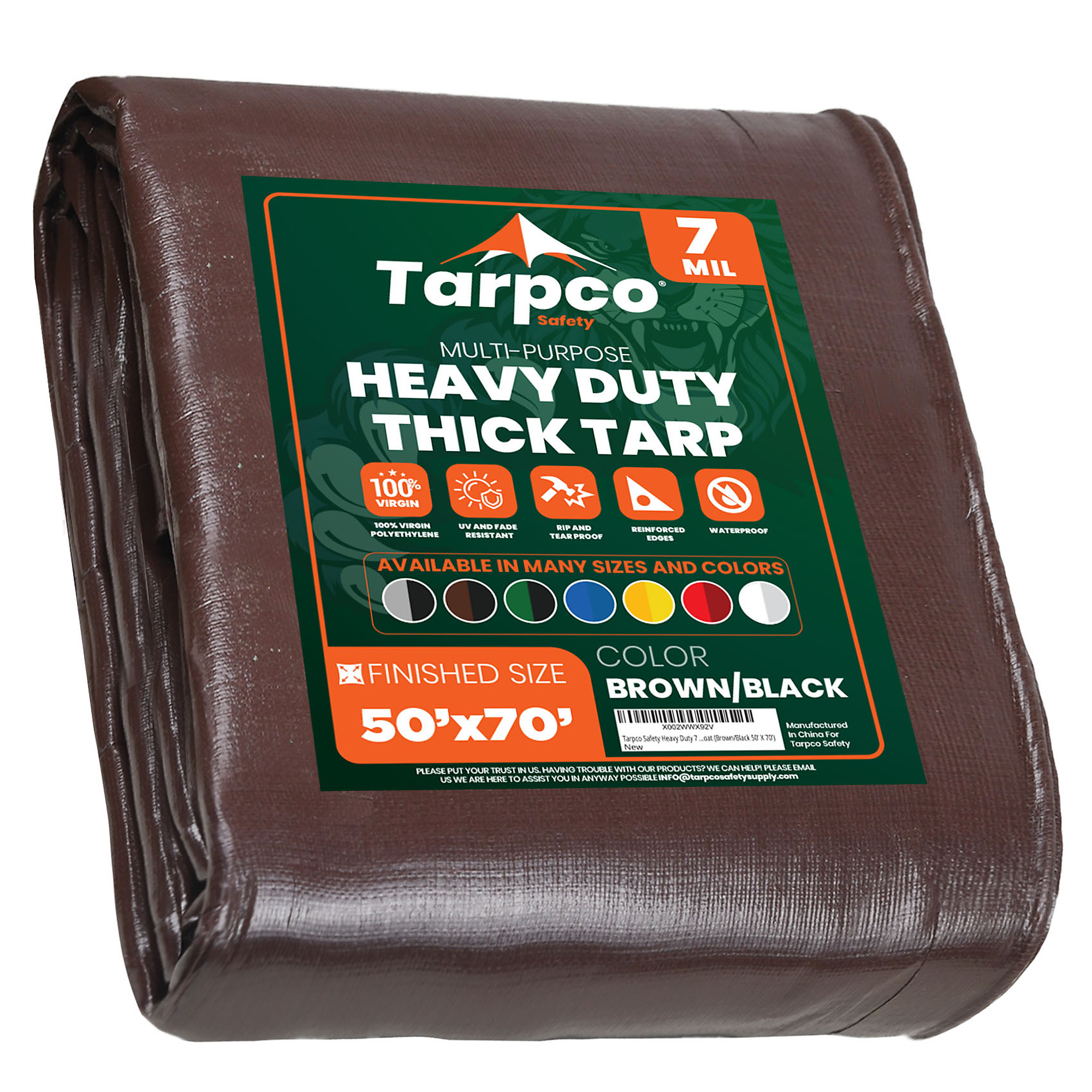 Tarpco Safety Heavy-Duty Tarp Cover — 50ft. x 70ft., 7 Mil, Waterproof, UV Resistant, Rip and Tear Proof, Reinforced Edges, Brown/Black, Model# TS-202-50X70