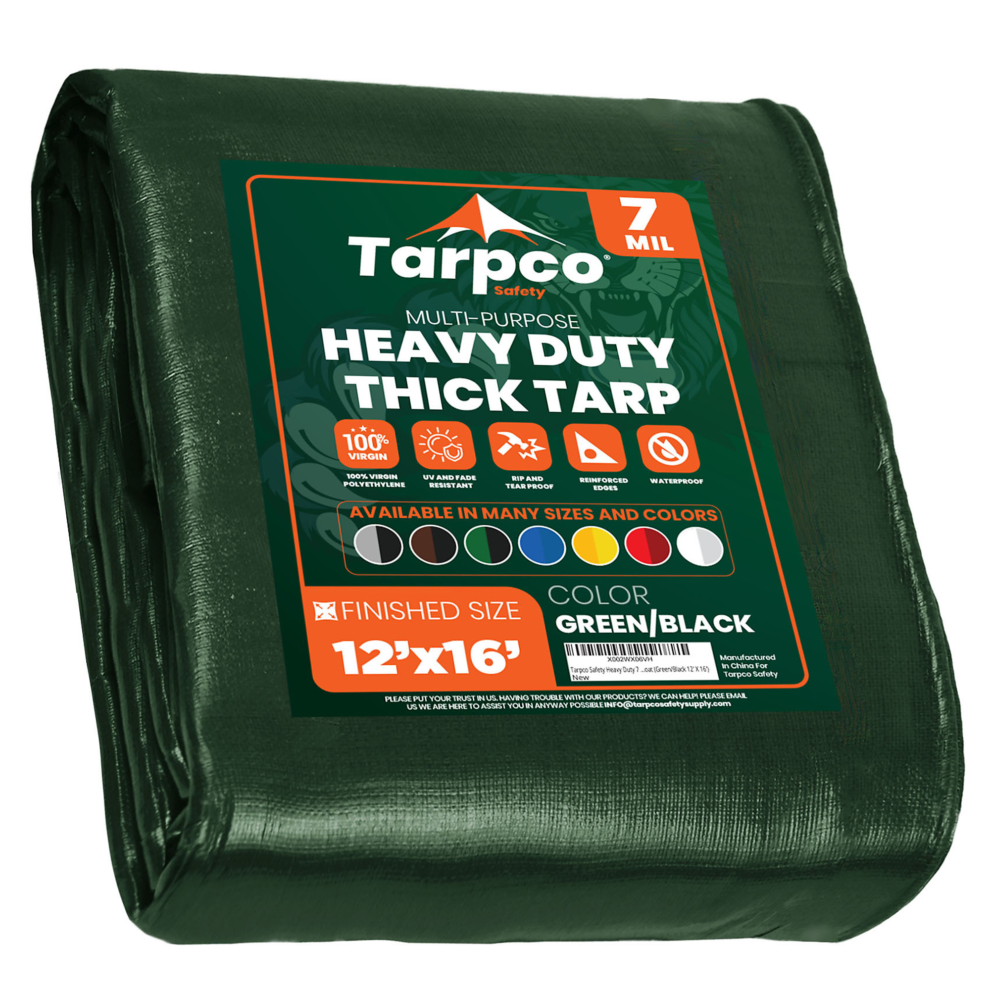 Tarpco Safety Heavy Duty 7 Mil Tarp Cover, Waterproof, UV Resistant, Rip and Tear Proof, Poly Tarpaulin with Reinforced Edges for Roof, Camping, Patio, Pool Cover, Boat (Green/Black 12' X 16')