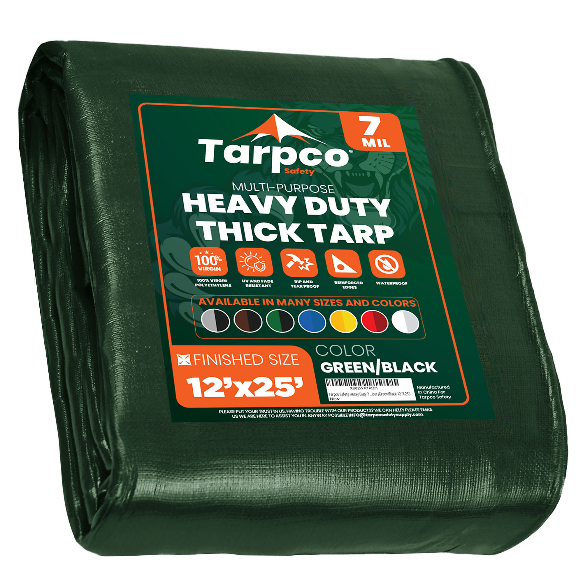 Tarpco Safety Heavy-Duty Poly Tarp Cover — 12ft. x 25ft., 7 Mil, Waterproof, UV Resistant, Rip and Tear Proof, Reinforced Edges, Green/Black, Model# TS-203-12X25