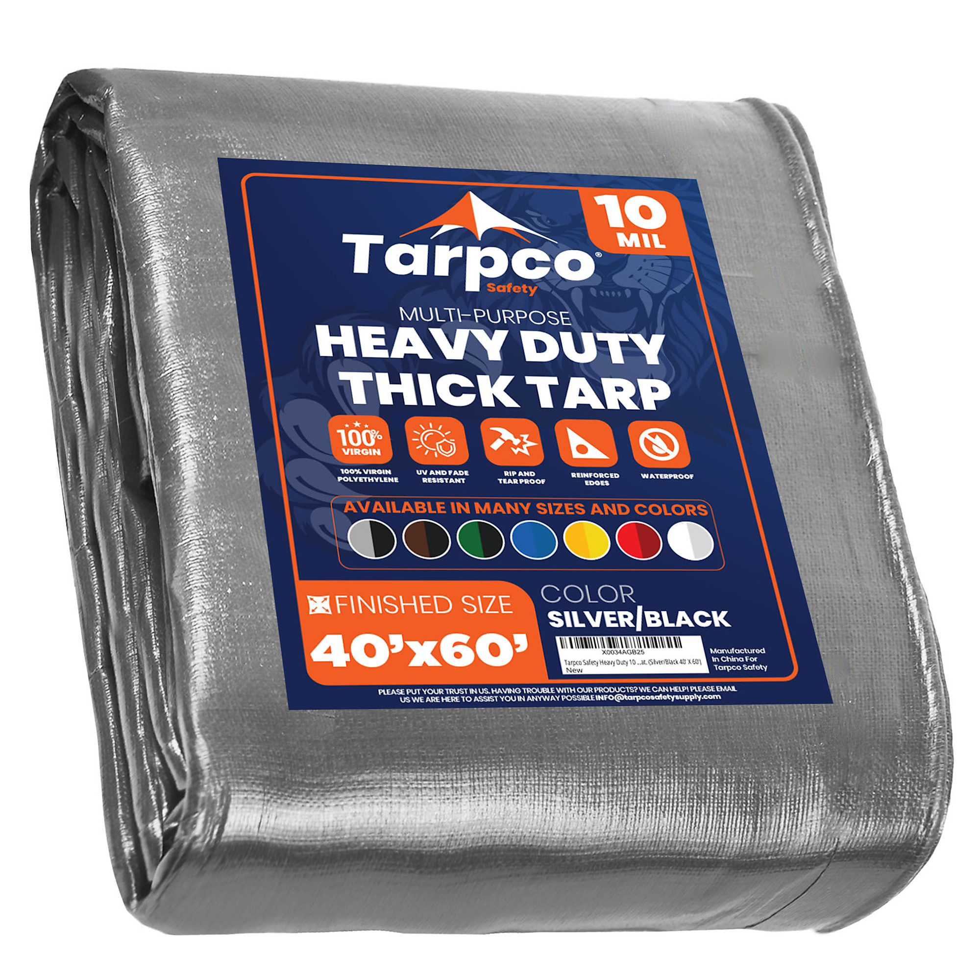 Tarpco Safety Heavy Duty 10 Mil Tarp Cover, Waterproof, UV Resistant, Rip and Tear Proof, Poly Tarpaulin with Reinforced Edges for Camping, Roof, Patio, Pool , Boat. (Silver/Black 40' X 60')