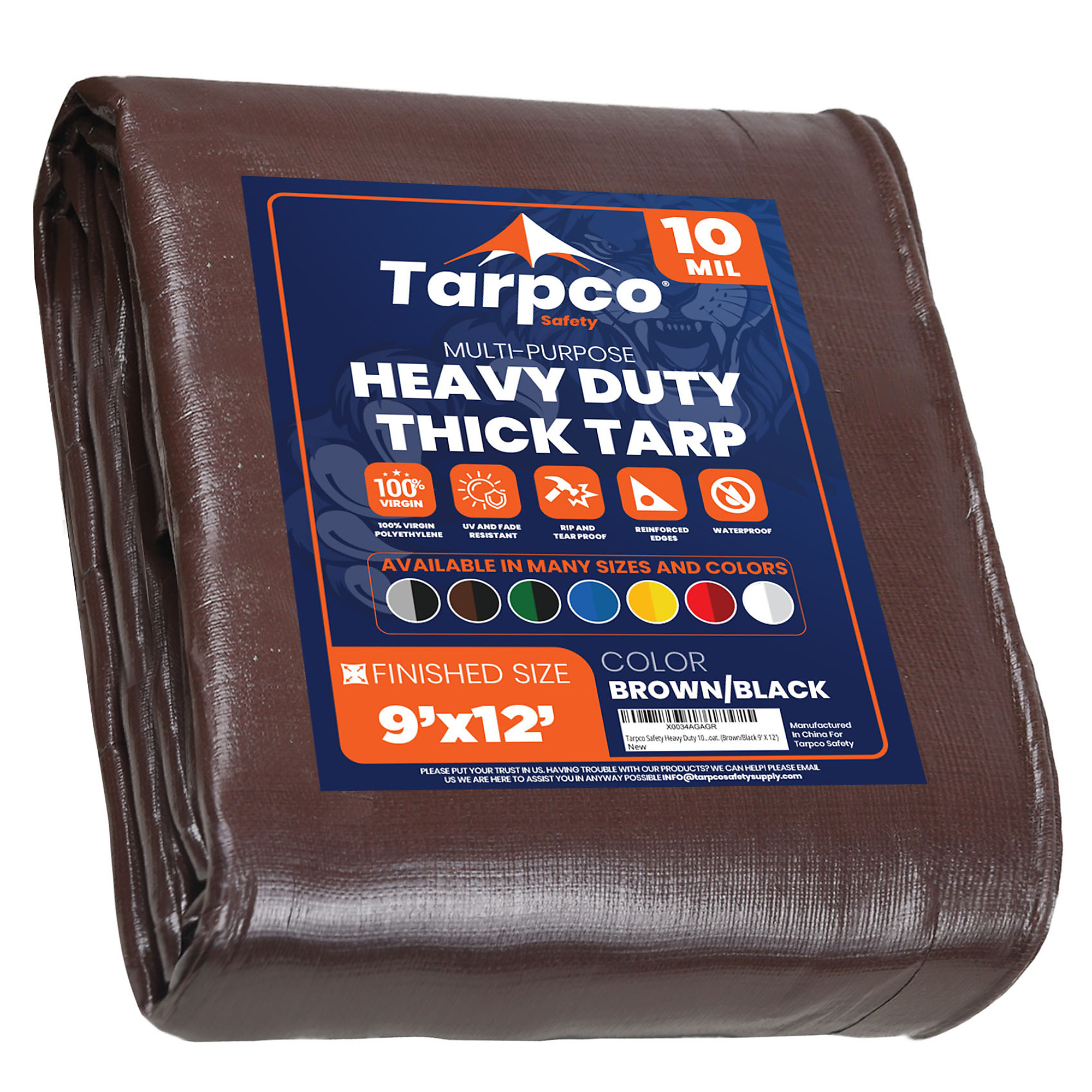 Tarpco Safety Heavy Duty 10 Mil Tarp Cover, Waterproof, UV Resistant, Rip and Tear Proof, Poly Tarpaulin with Reinforced Edges for Camping, Roof, Patio, Pool , Boat. (Brown/Black 9' X 12')