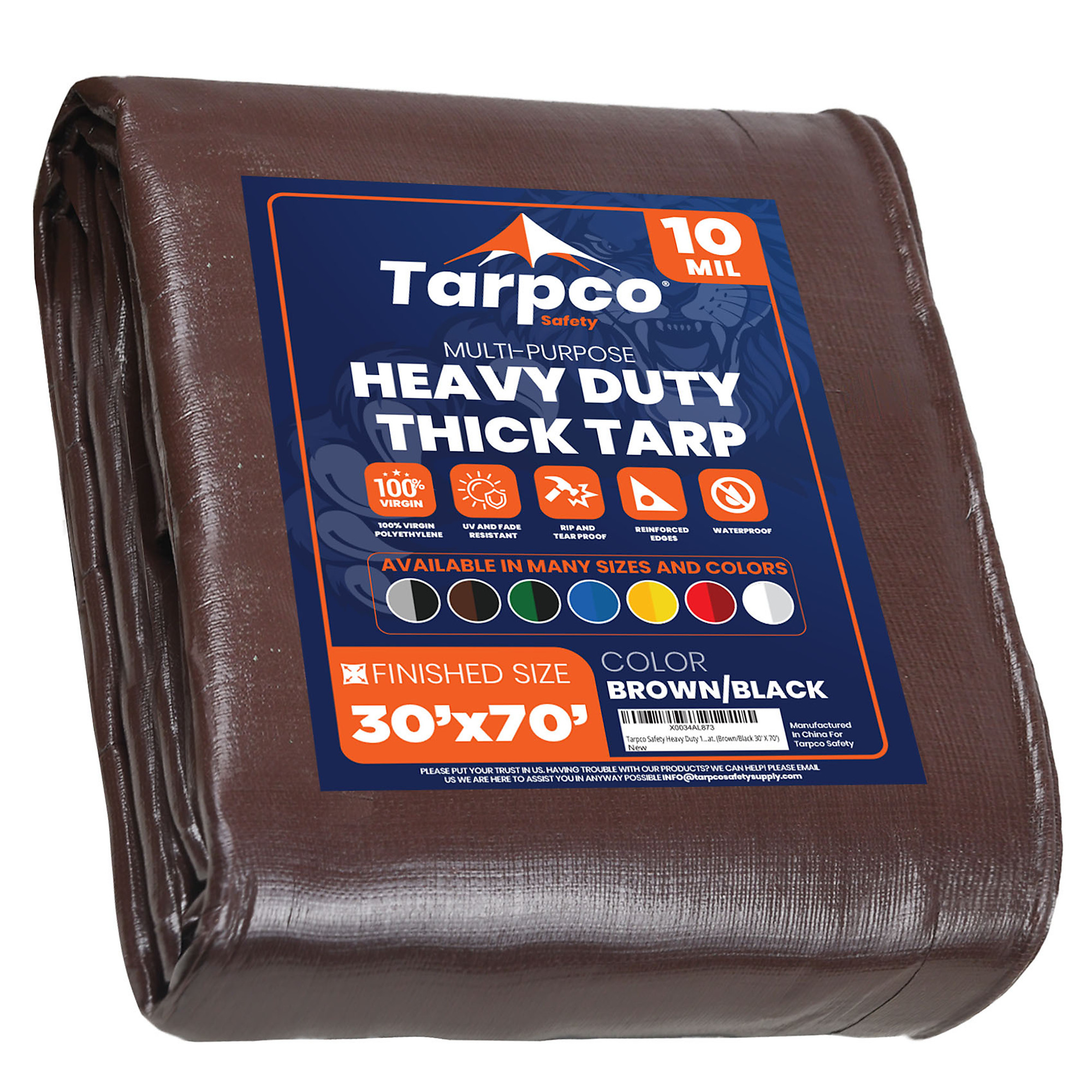 Tarpco Safety Heavy Duty 10 Mil Tarp Cover, Waterproof, UV Resistant, Rip and Tear Proof, Poly Tarpaulin with Reinforced Edges for Camping, Roof, Patio, Pool , Boat. (Brown/Black 30' X 70')