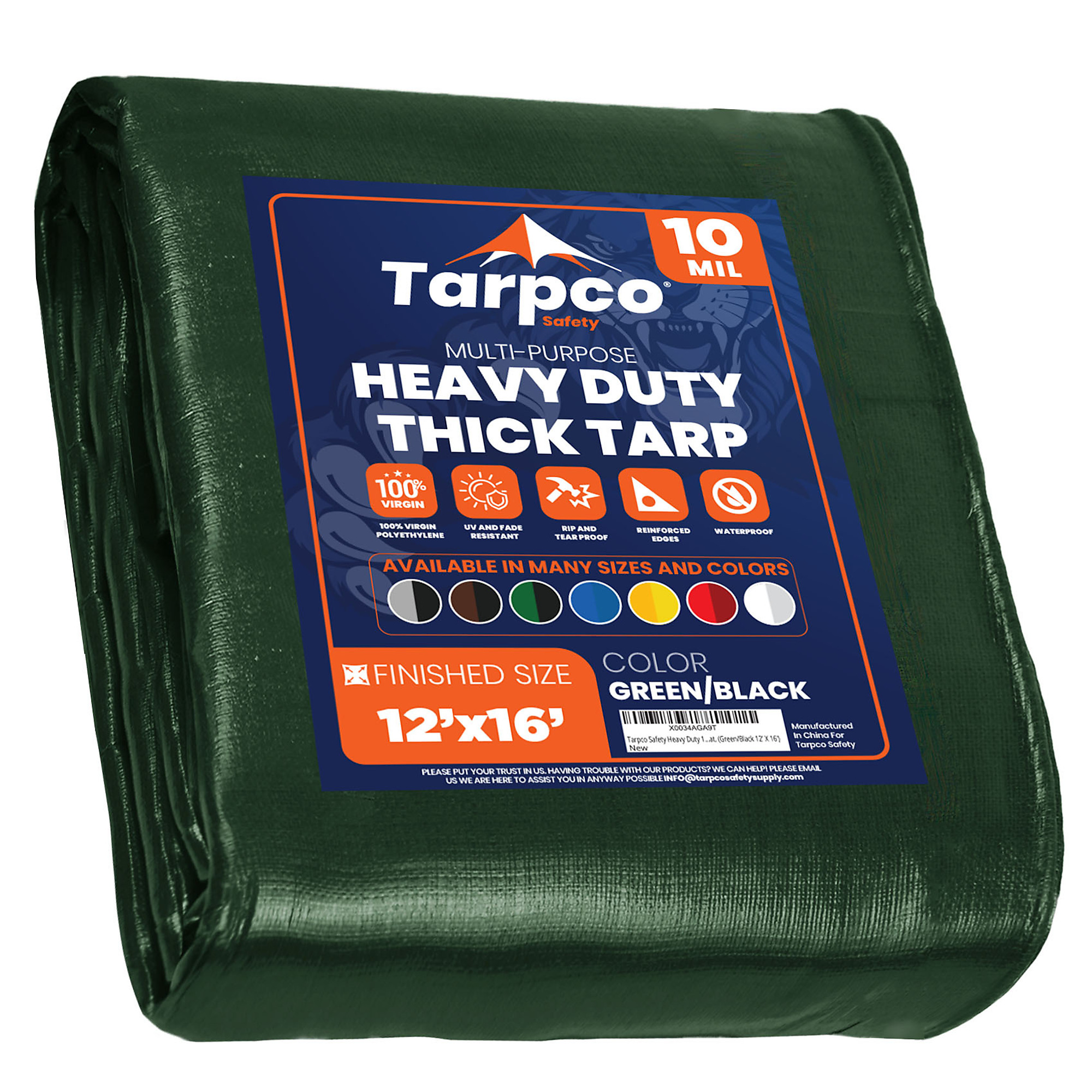 Tarpco Safety Heavy Duty 10 Mil Tarp Cover, Waterproof, UV Resistant, Rip and Tear Proof, Poly Tarpaulin with Reinforced Edges for Camping, Roof, Patio, Pool , Boat. (Green/Black 12' X 16')