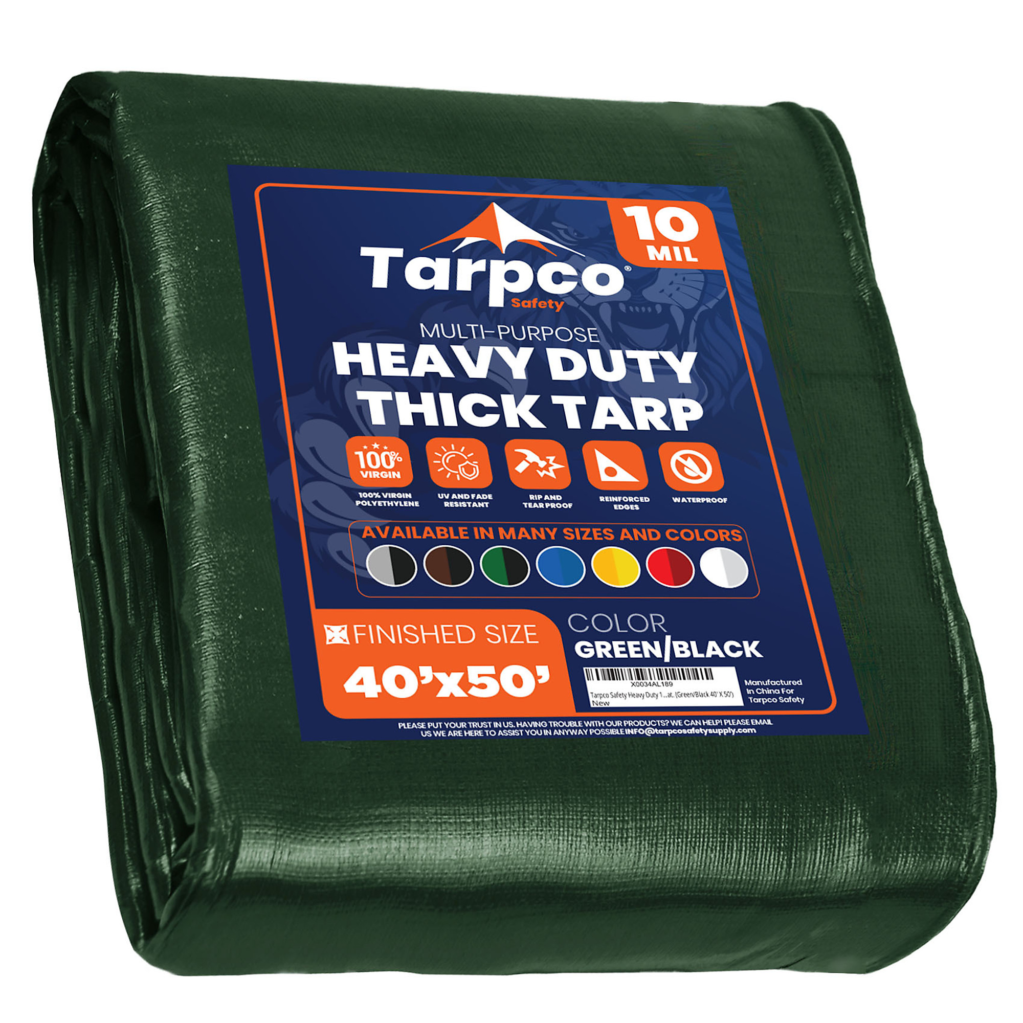 Tarpco Safety Heavy-Duty Poly Tarp Cover — 40ft. x 50ft., 10 Mil, Waterproof, UV-Resistant, Rip and Tear Proof, Reinforced Edges, Green/Black, Model# TS-153-40X50