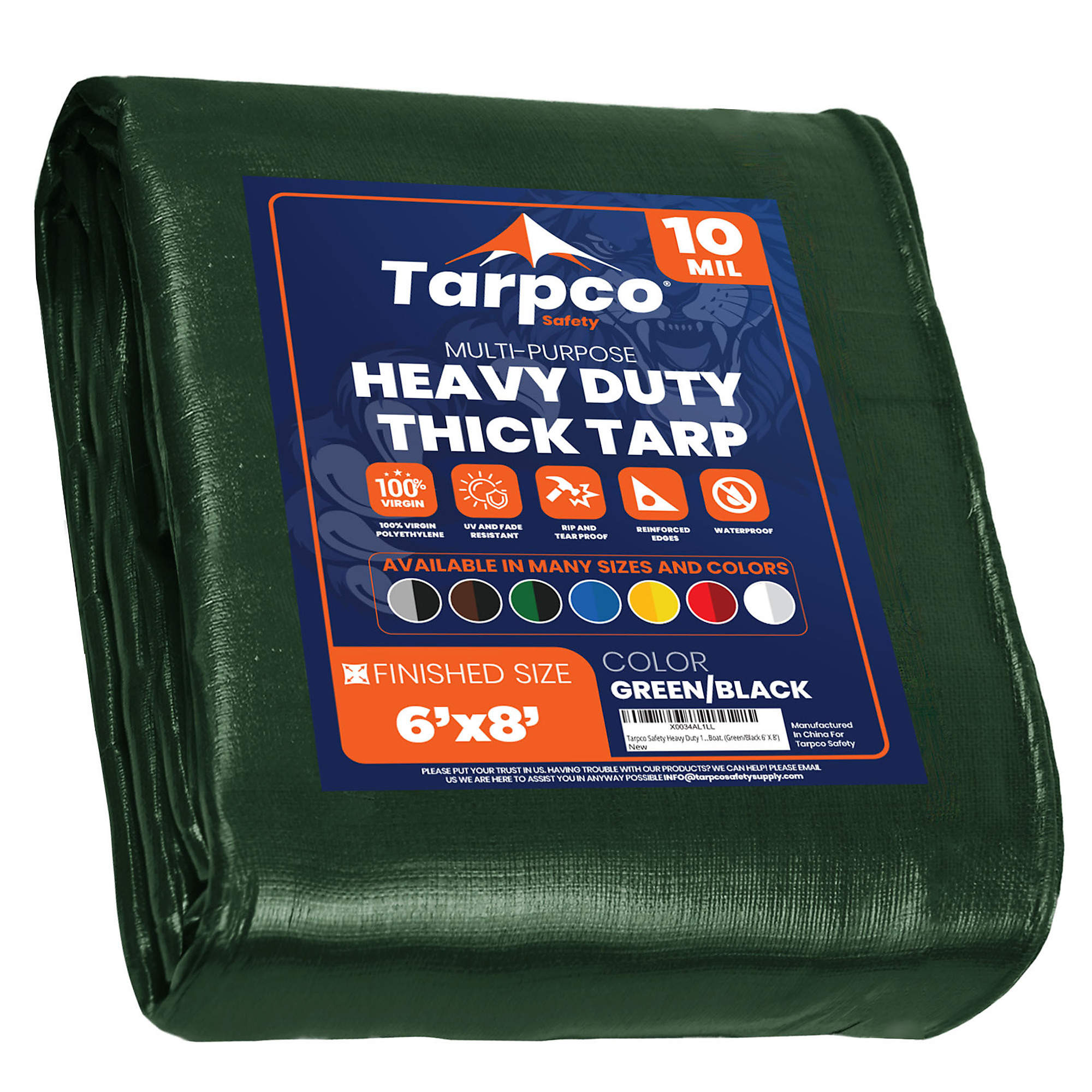 Tarpco Safety Heavy Duty 10 Mil Tarp Cover, Waterproof, UV Resistant, Rip and Tear Proof, Poly Tarpaulin with Reinforced Edges for Camping, Roof, Patio, Pool , Boat. (Green/Black 6' X 8')